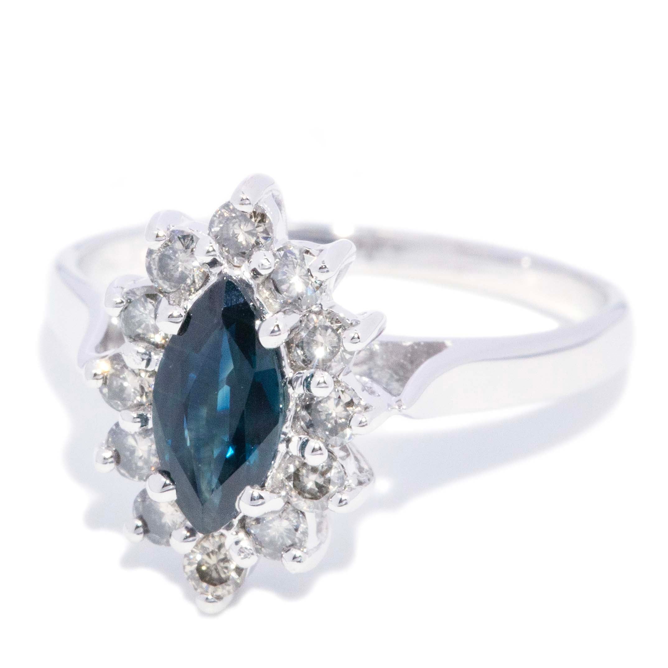 Kitty Blue Sapphire & Diamond Marquise Ring 9K White Gold Rings Anthology Jewellers 