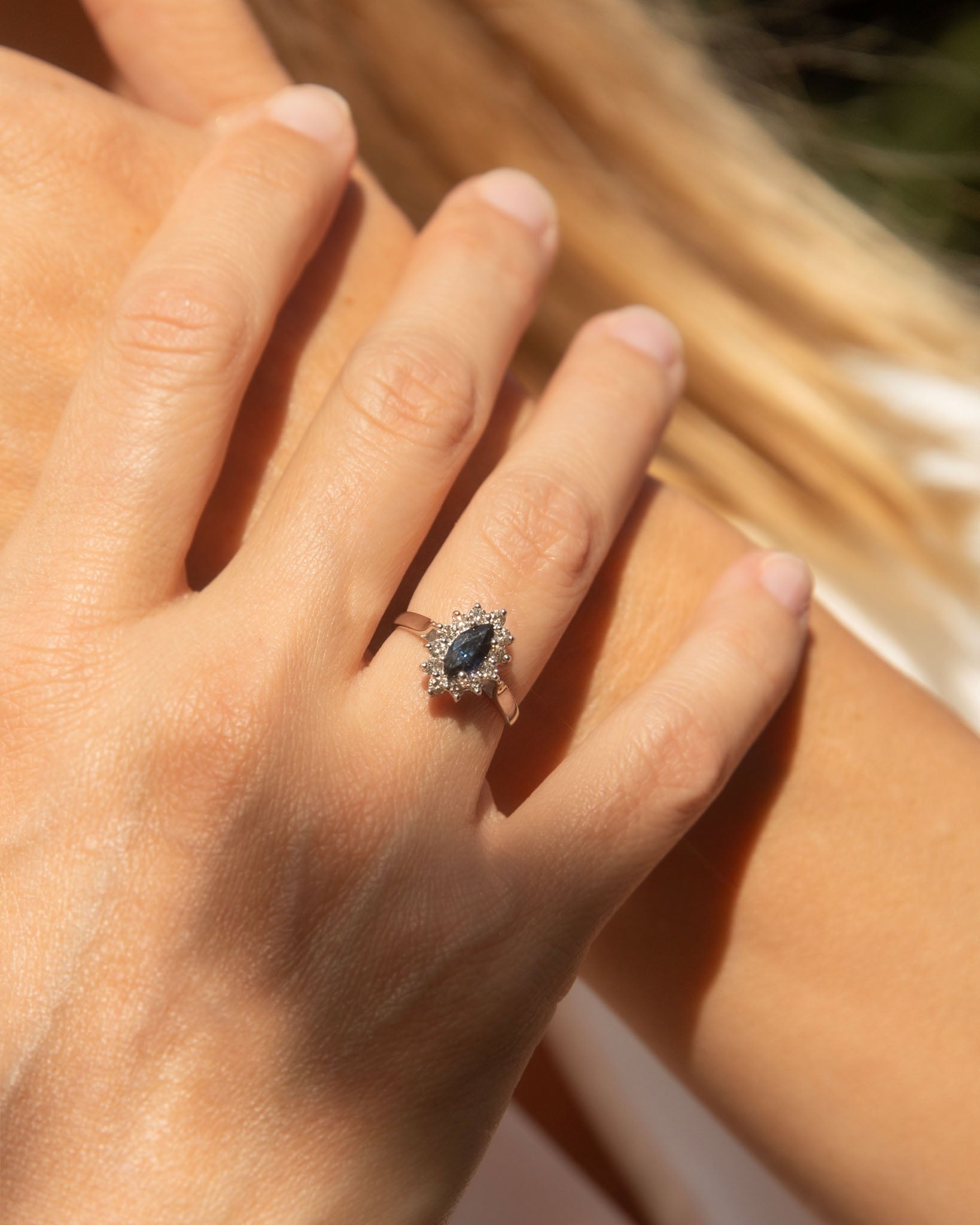 Kitty Blue Sapphire & Diamond Marquise Ring 9K White Gold Rings Anthology Jewellers 