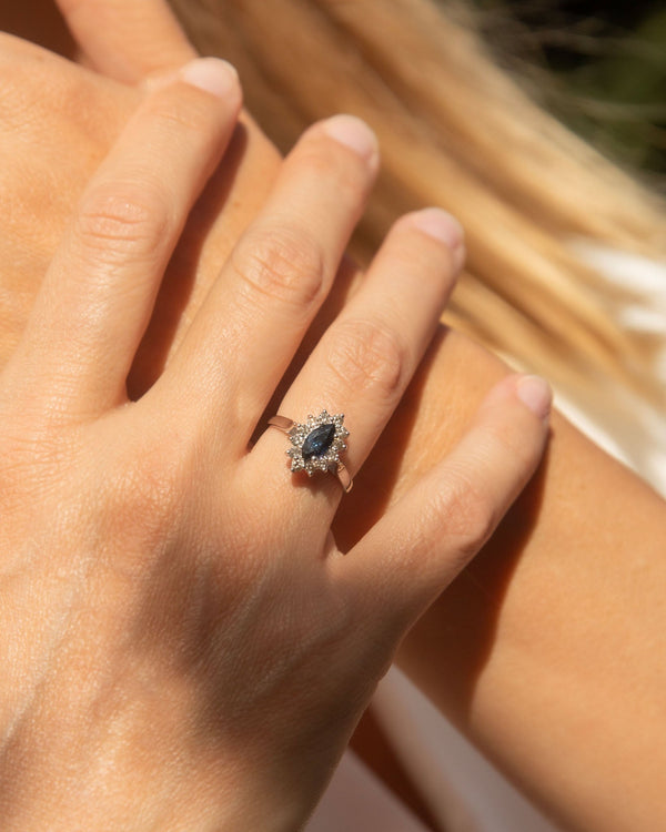 Kitty Blue Sapphire & Diamond Marquise Ring 9K White Gold Rings Anthology Jewellers 