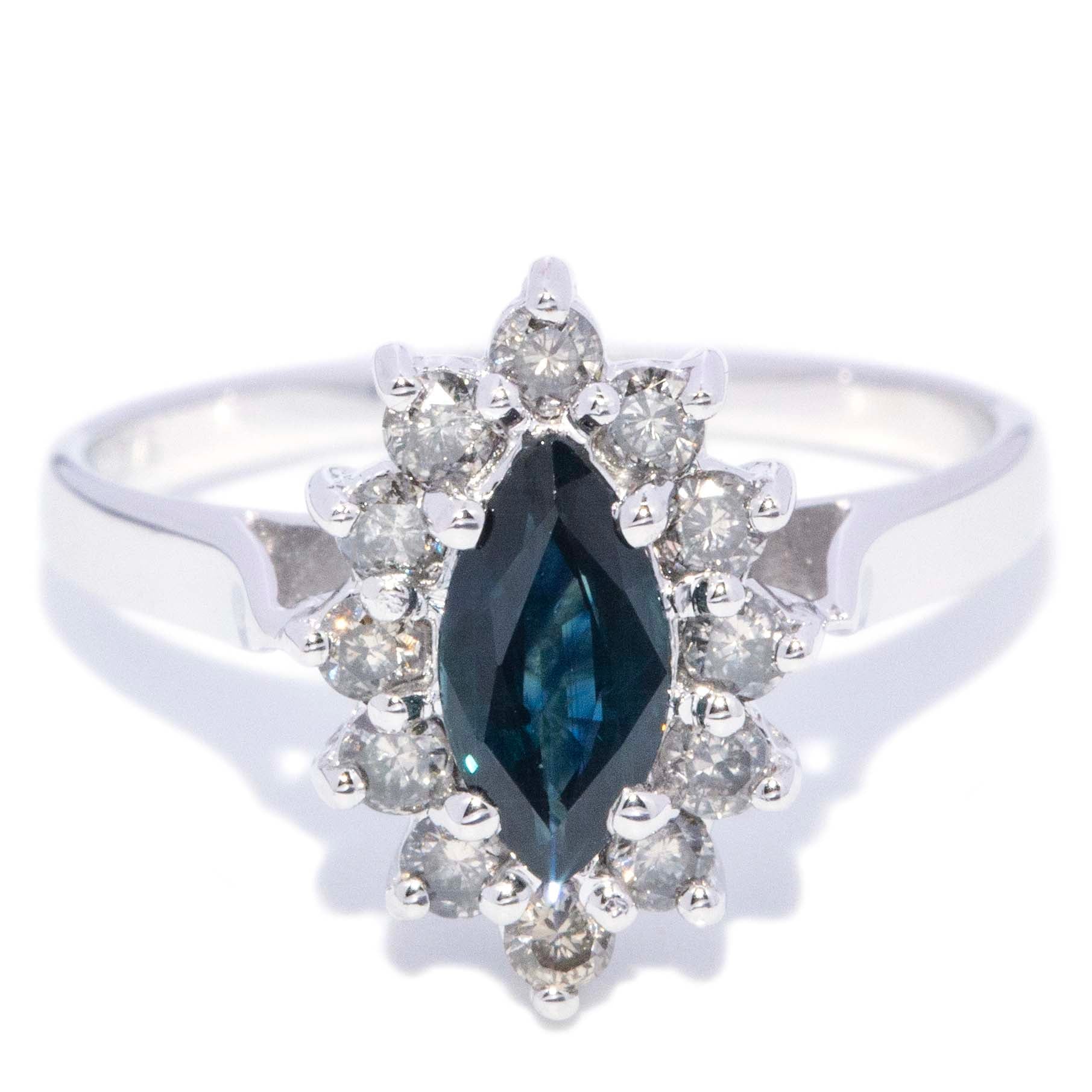 Kitty Blue Sapphire & Diamond Marquise Ring 9K White Gold Rings Anthology Jewellers 