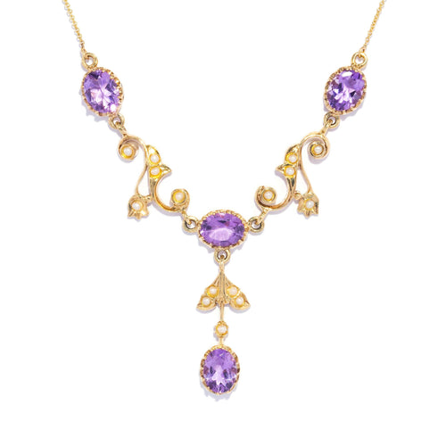 Laila 1980s Amethyst & Pearl Festoon Necklace 9K Yellow Gold