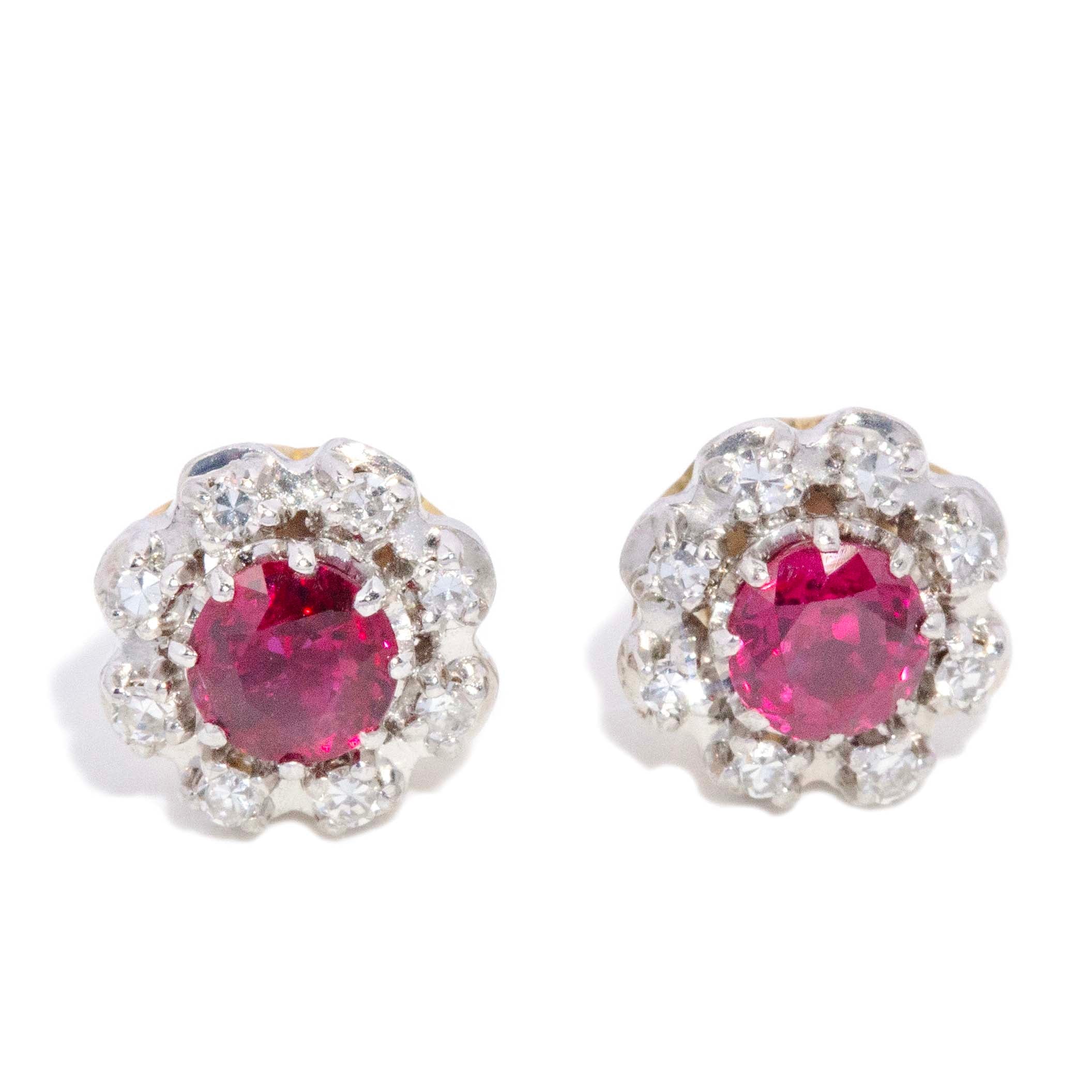Lila Vintage Ruby & Diamond Halo Stud Earrings 18ct White Gold Earrings Imperial Jewellery 