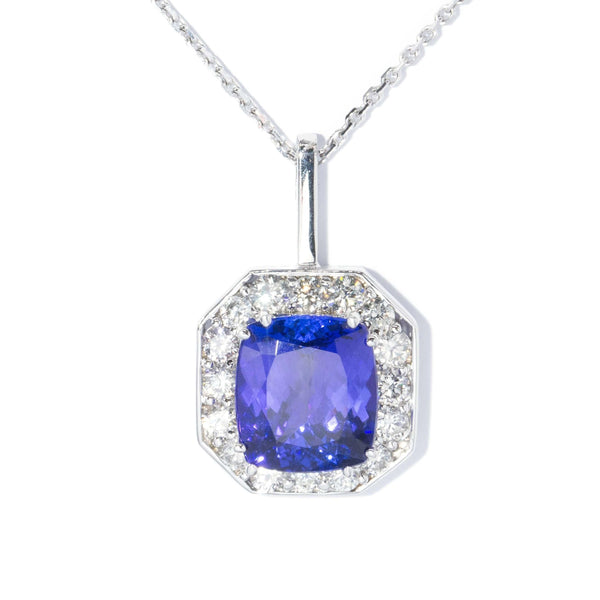 Vintage 1990s Tanzanite & Diamond Pendant & Chain 18 Carat White Gold