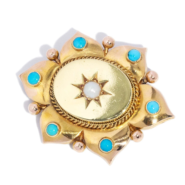 Lily Edwardian Pearl & Turquoise Star Flower Brooch 15ct Gold Brooches Imperial Jewellery 