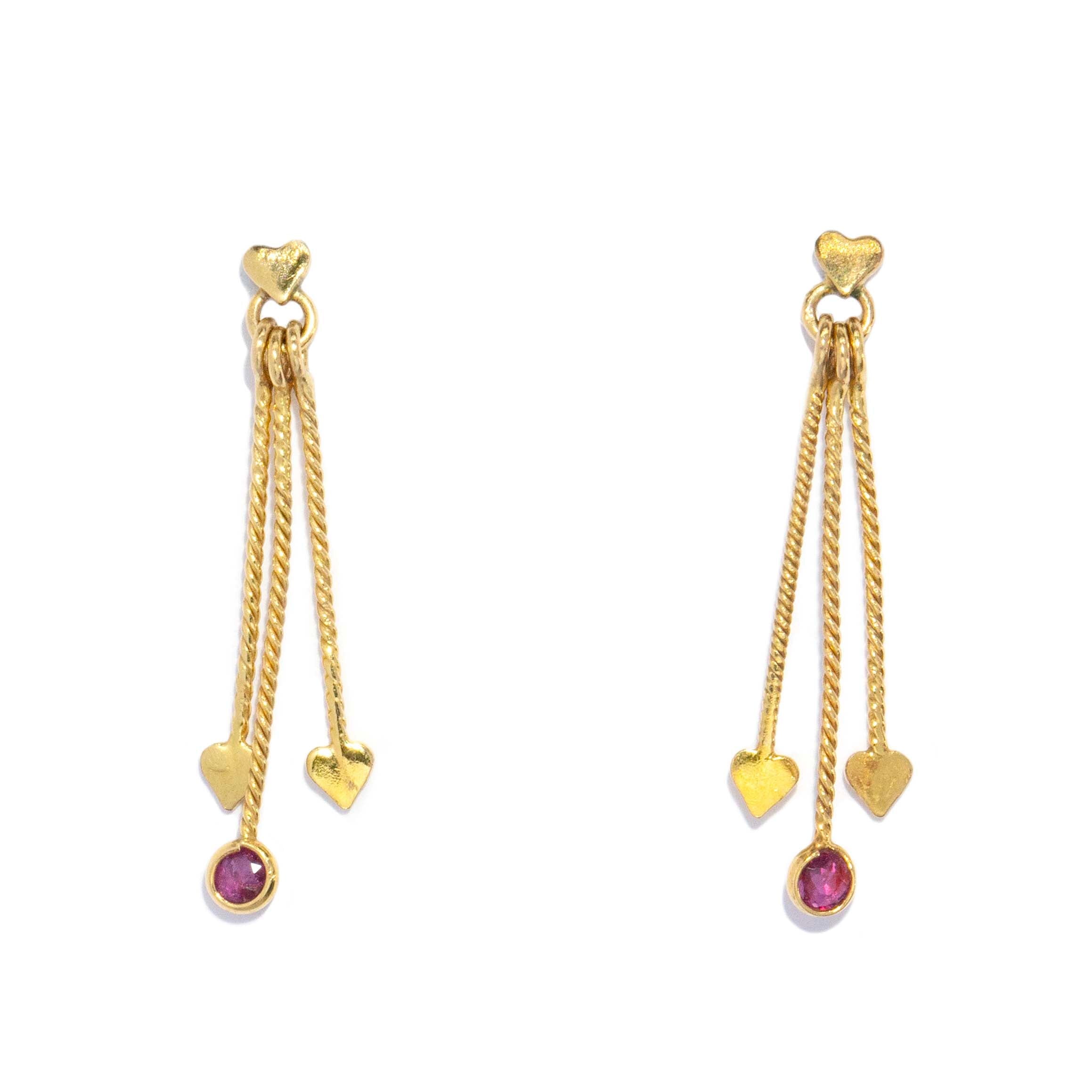 Liona 1970s Ruby Heart Drop Earrings 9K Yellow Gold Earrings Imperial Jewellery 