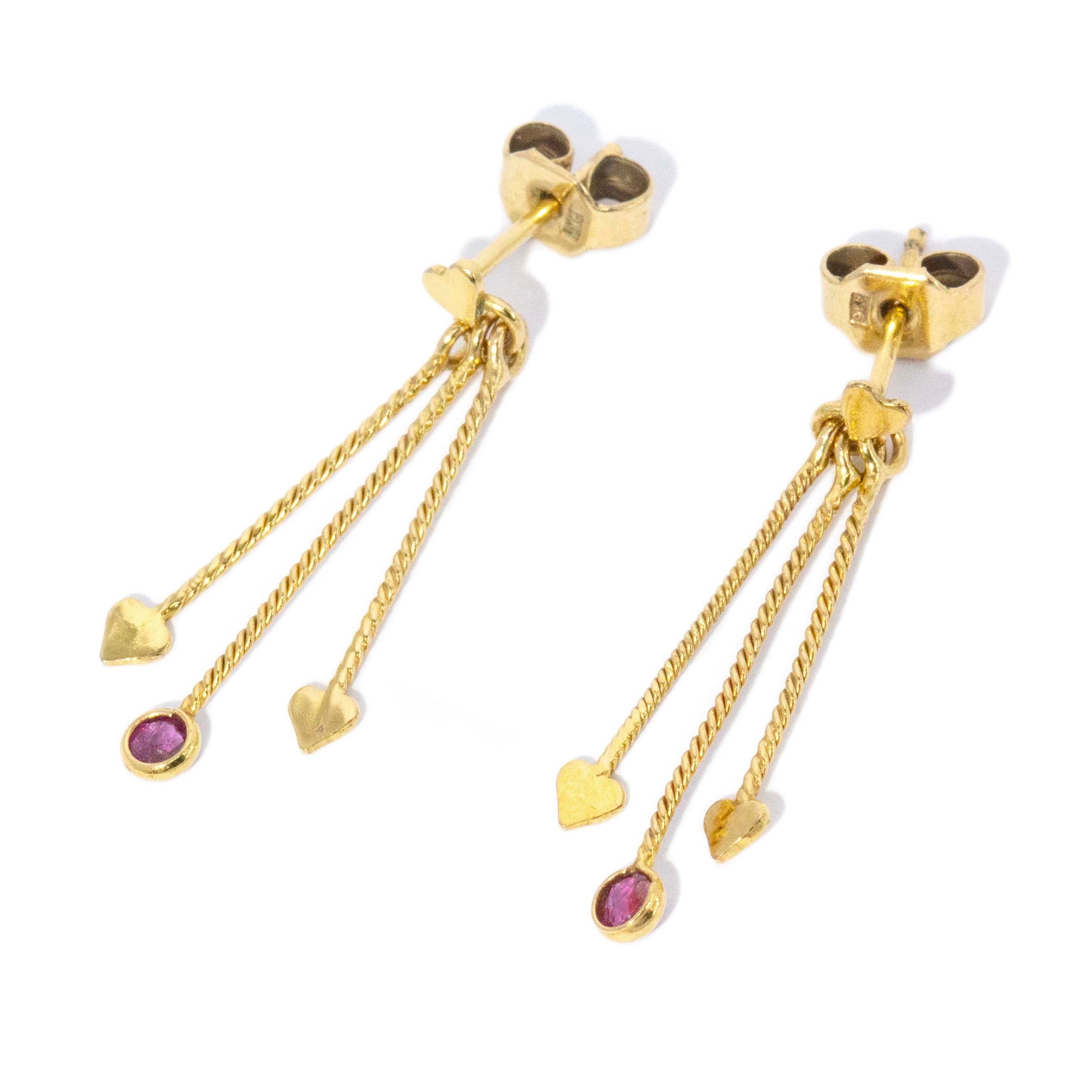 Liona 1970s Ruby Heart Drop Earrings 9K Yellow Gold Earrings Imperial Jewellery 