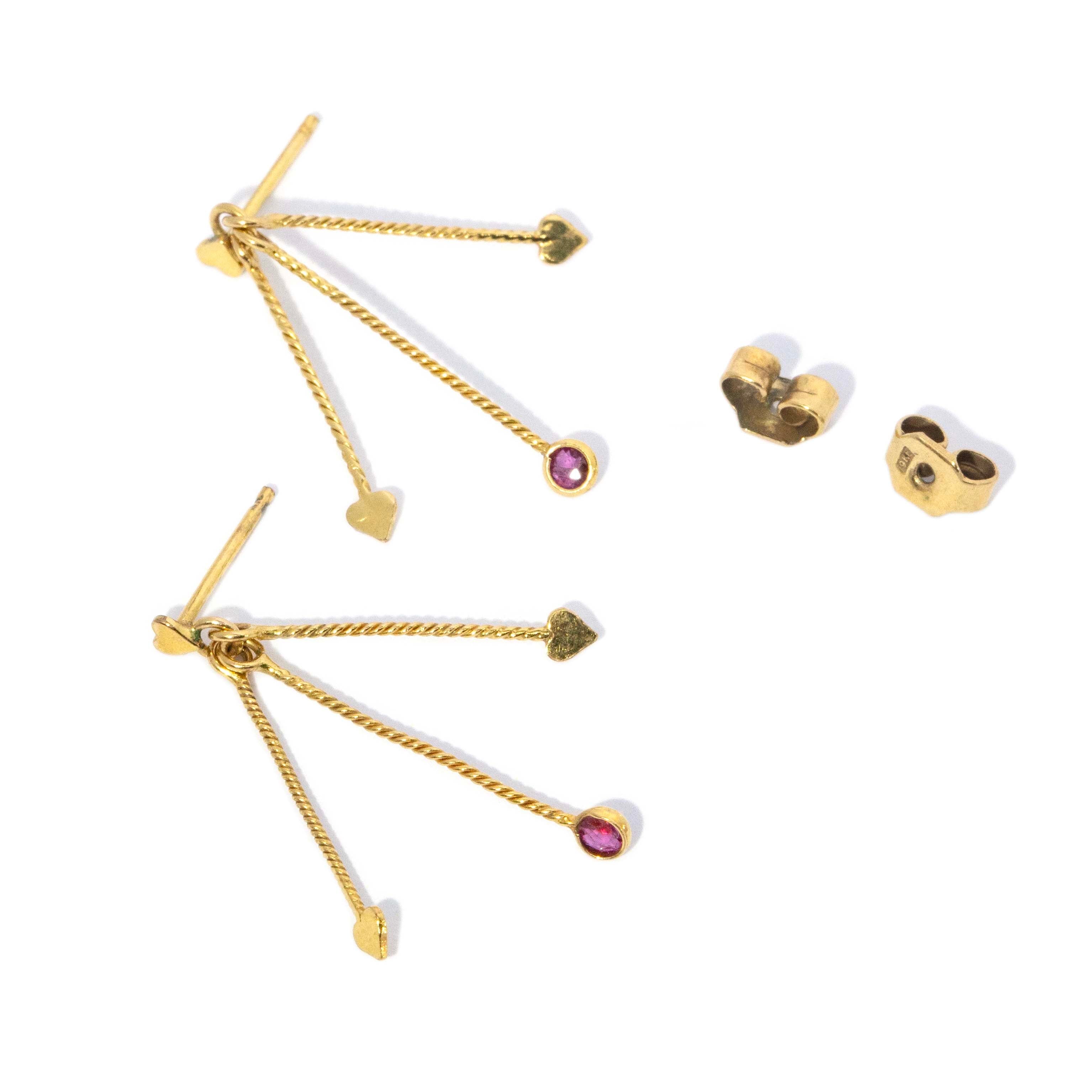 Liona 1970s Ruby Heart Drop Earrings 9K Yellow Gold Earrings Imperial Jewellery 