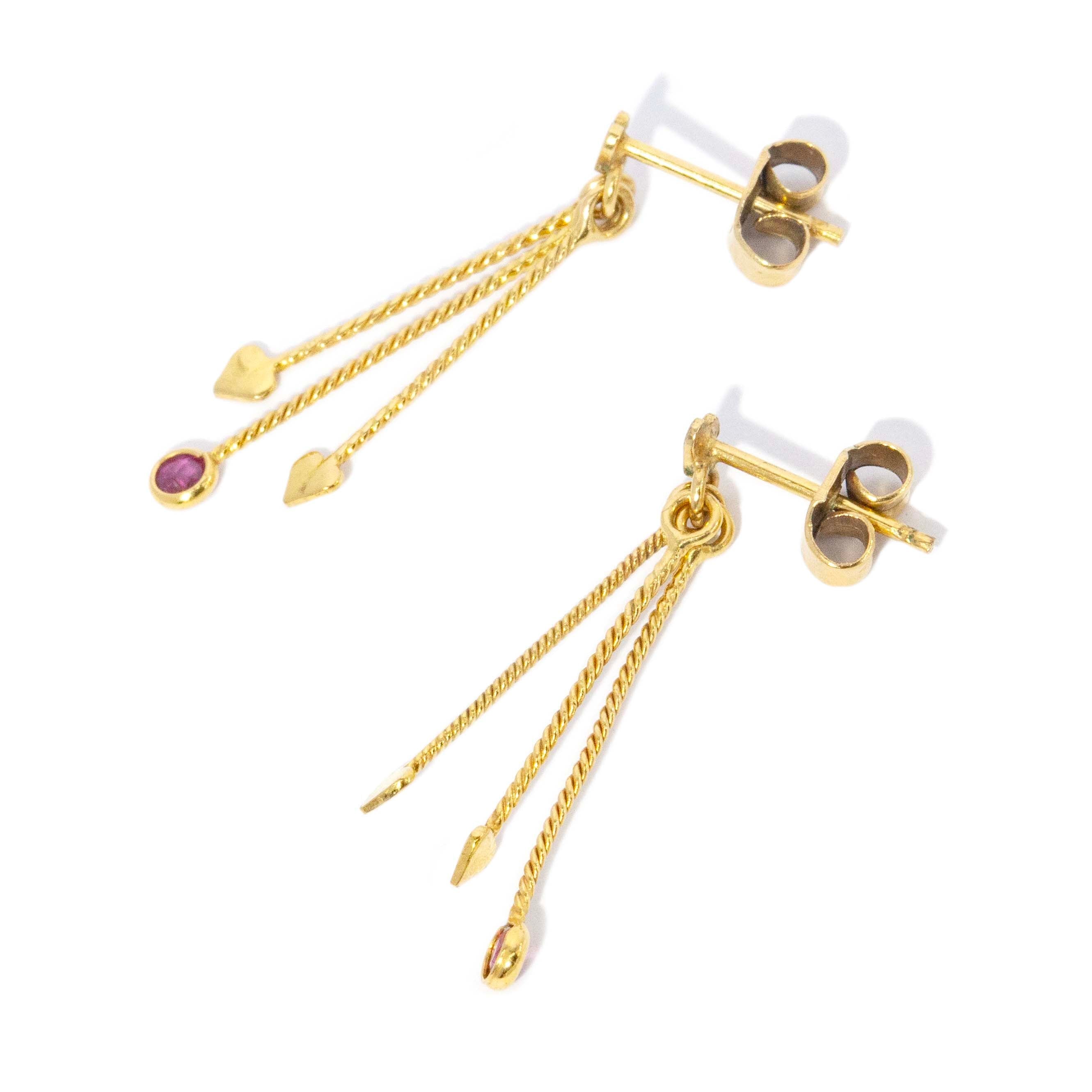 Liona 1970s Ruby Heart Drop Earrings 9K Yellow Gold Earrings Imperial Jewellery 