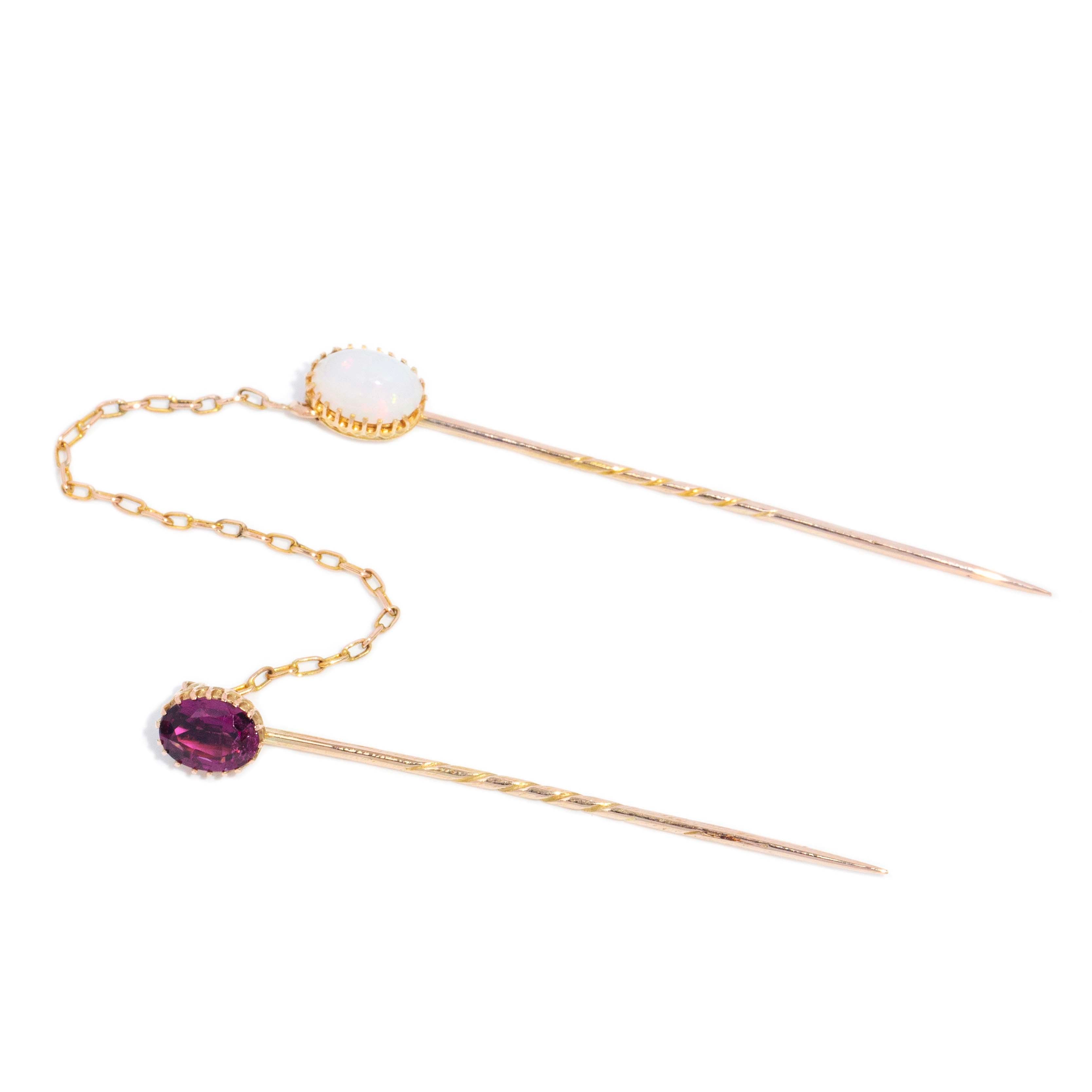 Lorelai Antique Circa 1920s Garnet & White Opal Jabot Pins 9ct Yellow Gold Brooches Imperial Jewellery 