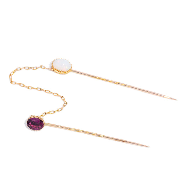 Lorelai Antique Circa 1920s Garnet & White Opal Jabot Pins 9ct Yellow Gold Brooches Imperial Jewellery 