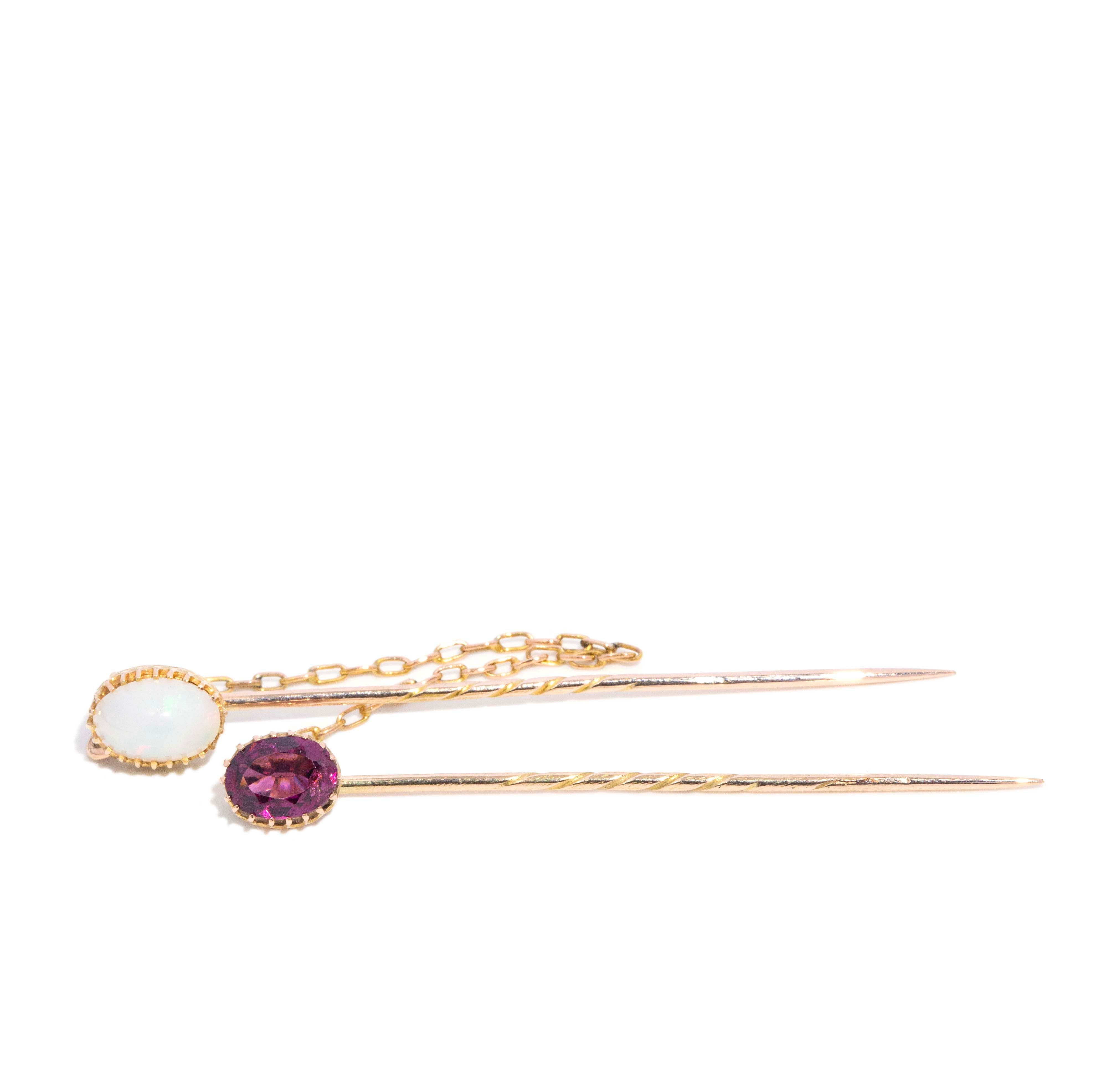 Lorelai Antique Circa 1920s Garnet & White Opal Jabot Pins 9ct Yellow Gold Brooches Imperial Jewellery 