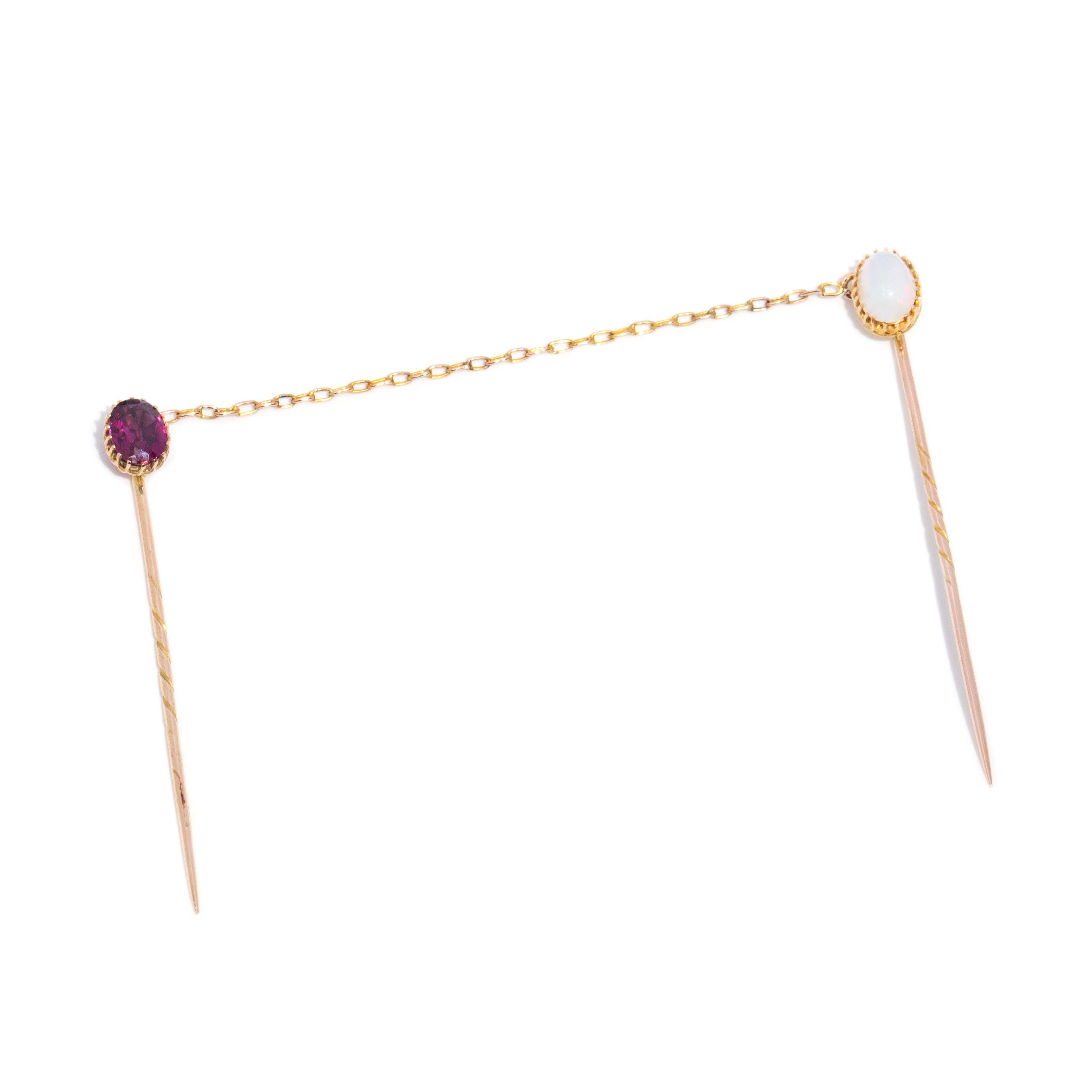 Lorelai Antique Circa 1920s Garnet & White Opal Jabot Pins 9ct Yellow Gold Brooches Imperial Jewellery 