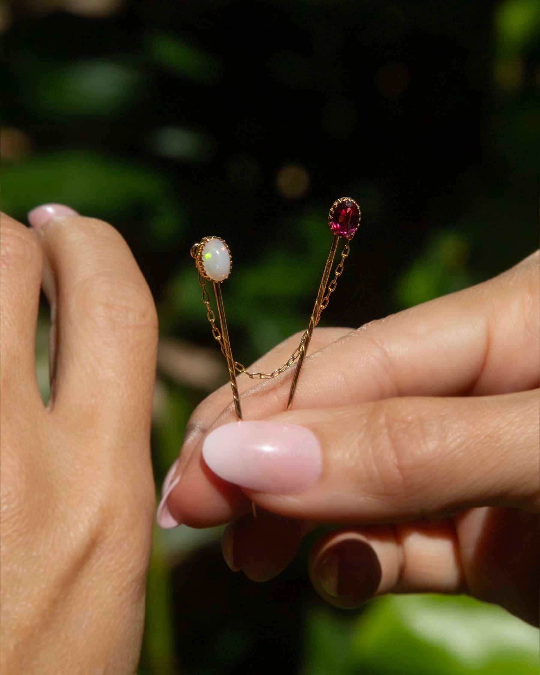 Lorelai Antique Circa 1920s Garnet & White Opal Jabot Pins 9ct Yellow Gold Brooches Imperial Jewellery 