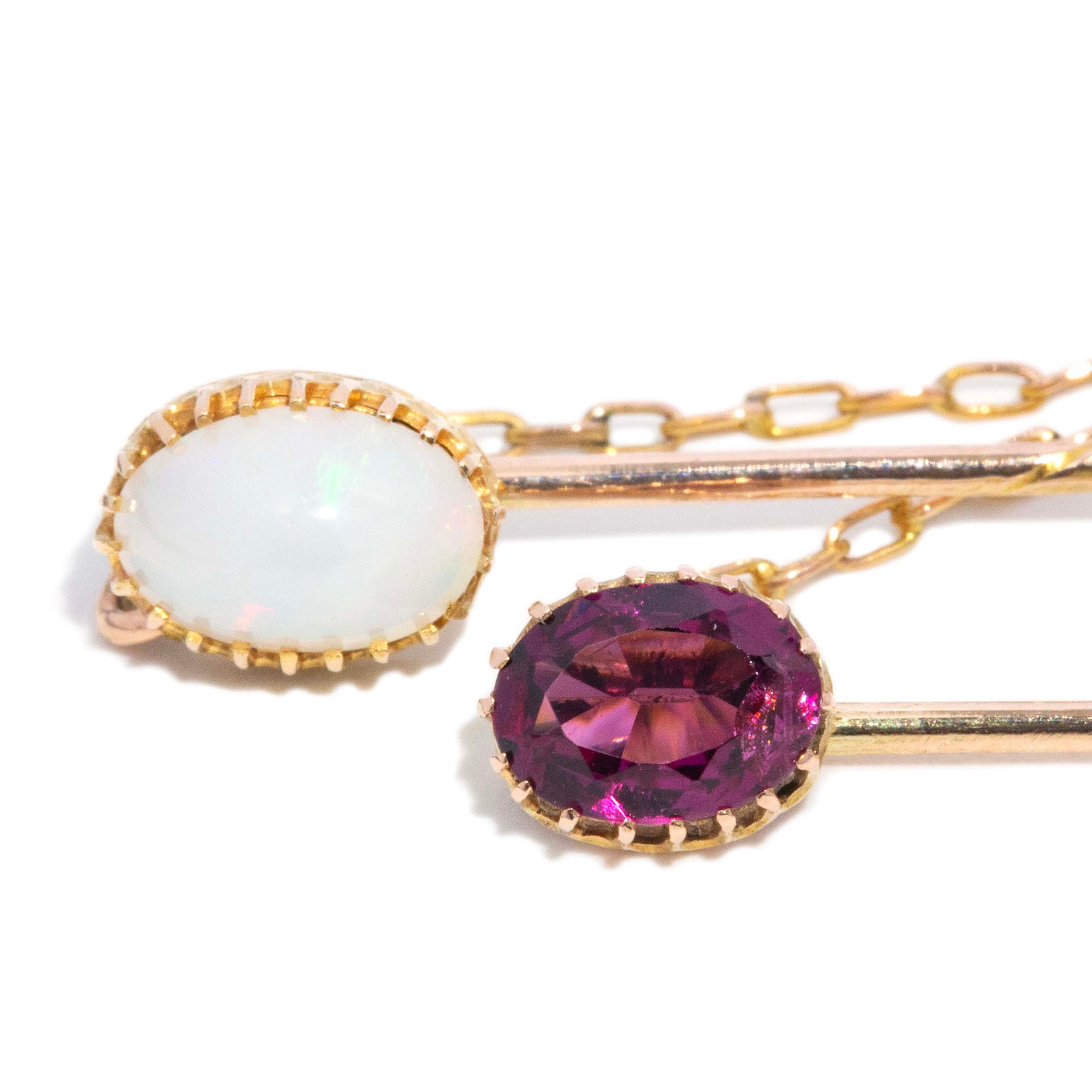 Lorelai Antique Circa 1920s Garnet & White Opal Jabot Pins 9ct Yellow Gold Brooches Imperial Jewellery 