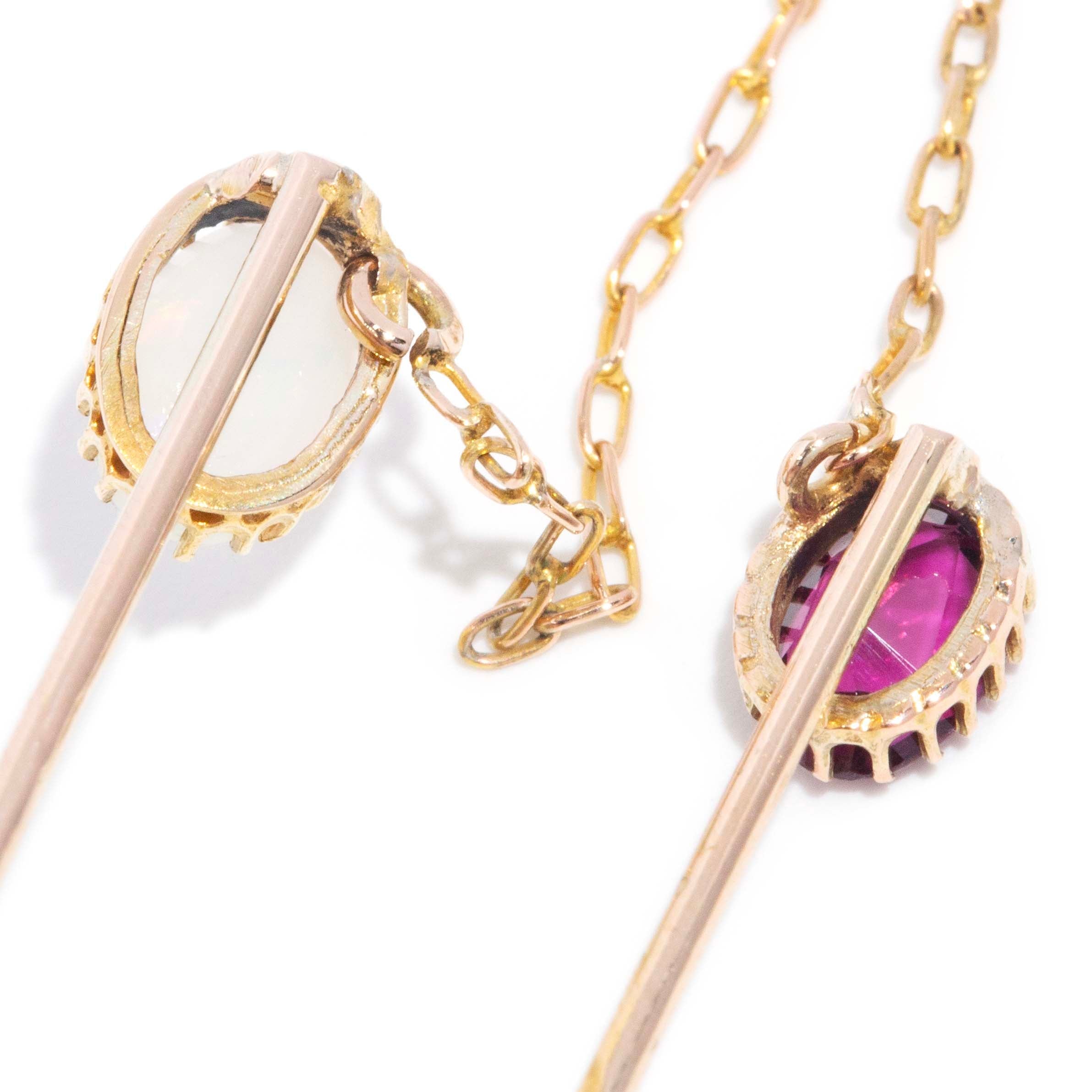 Lorelai Antique Circa 1920s Garnet & White Opal Jabot Pins 9ct Yellow Gold Brooches Imperial Jewellery 