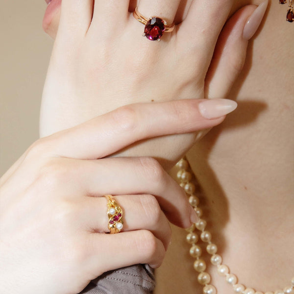 Antique 1901 Edwardian Ruby & Seed Pearl Ring 18 Carat Yellow Gold