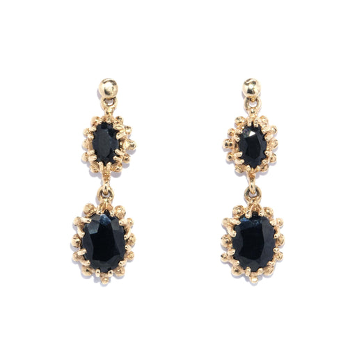 Lulu 1980s Beaded Twin Sapphire Drop Earrings 9K Yellow Gold
