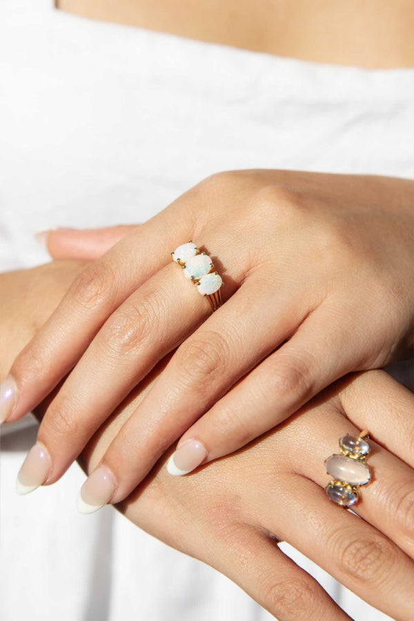 Lunar 1900s Moonstone Three Stone Ring 18ct Gold Rings Imperial Jewellery 