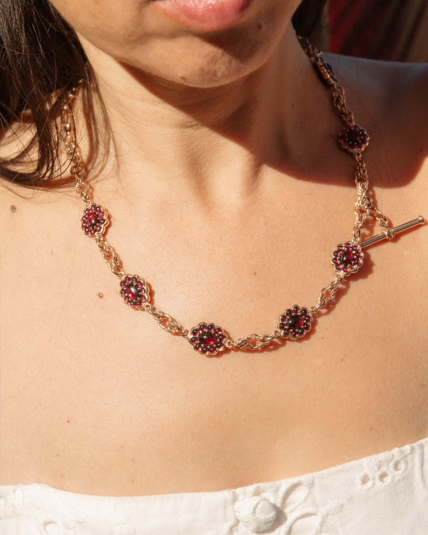 Antique Garnet & Diamond Toggle Bar Necklace 9 Carat Yellow Gold
