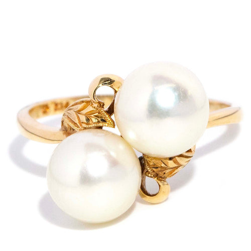 Lux 1980s Akoya Pearl Toi Et Moi Bypass Ring 14K Yellow Gold