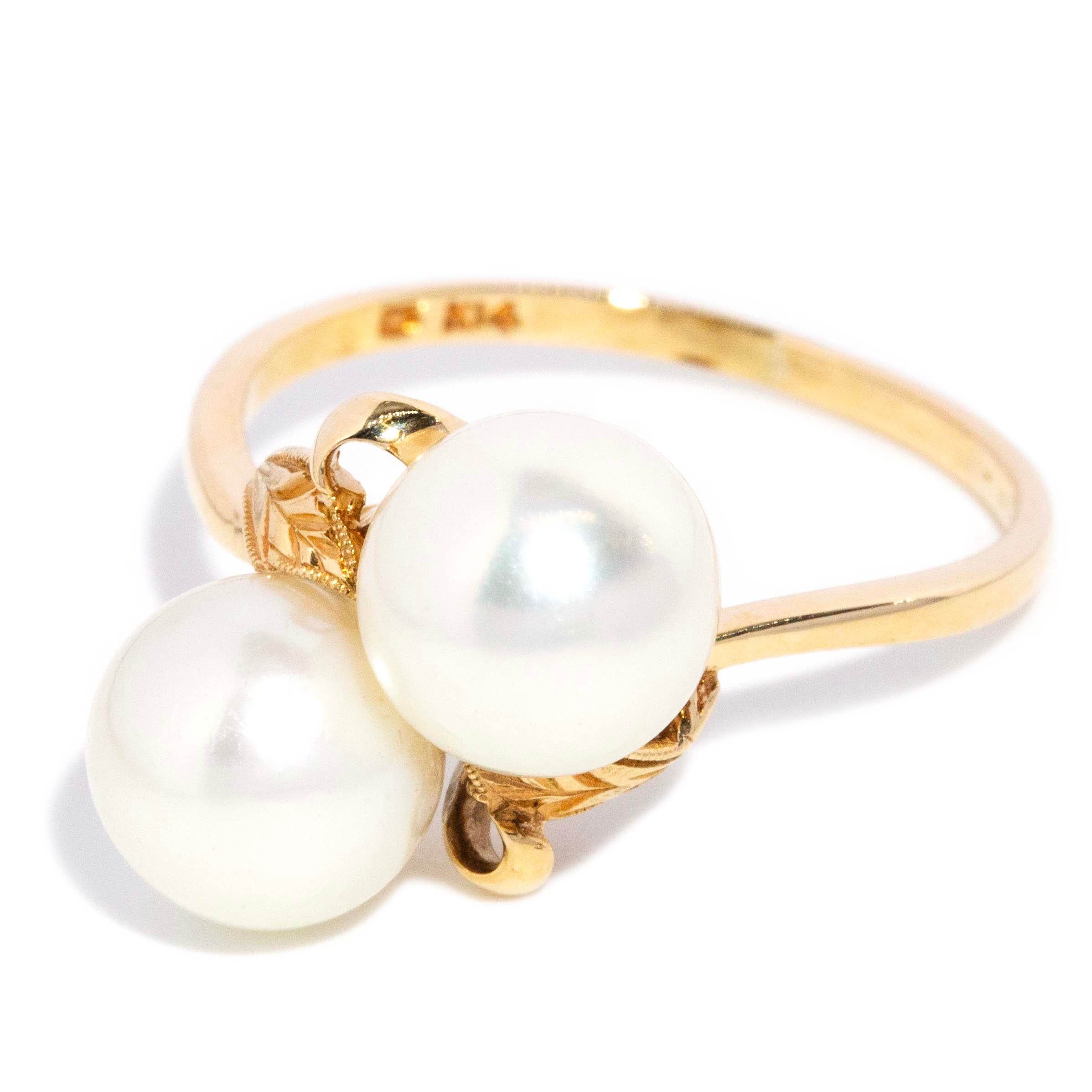 Lux Vintage Circa 1980 Akoya Pearl Toi Et Moi Leaf Bypass Ring 14ct Yellow Gold Rings Imperial Jewellery 