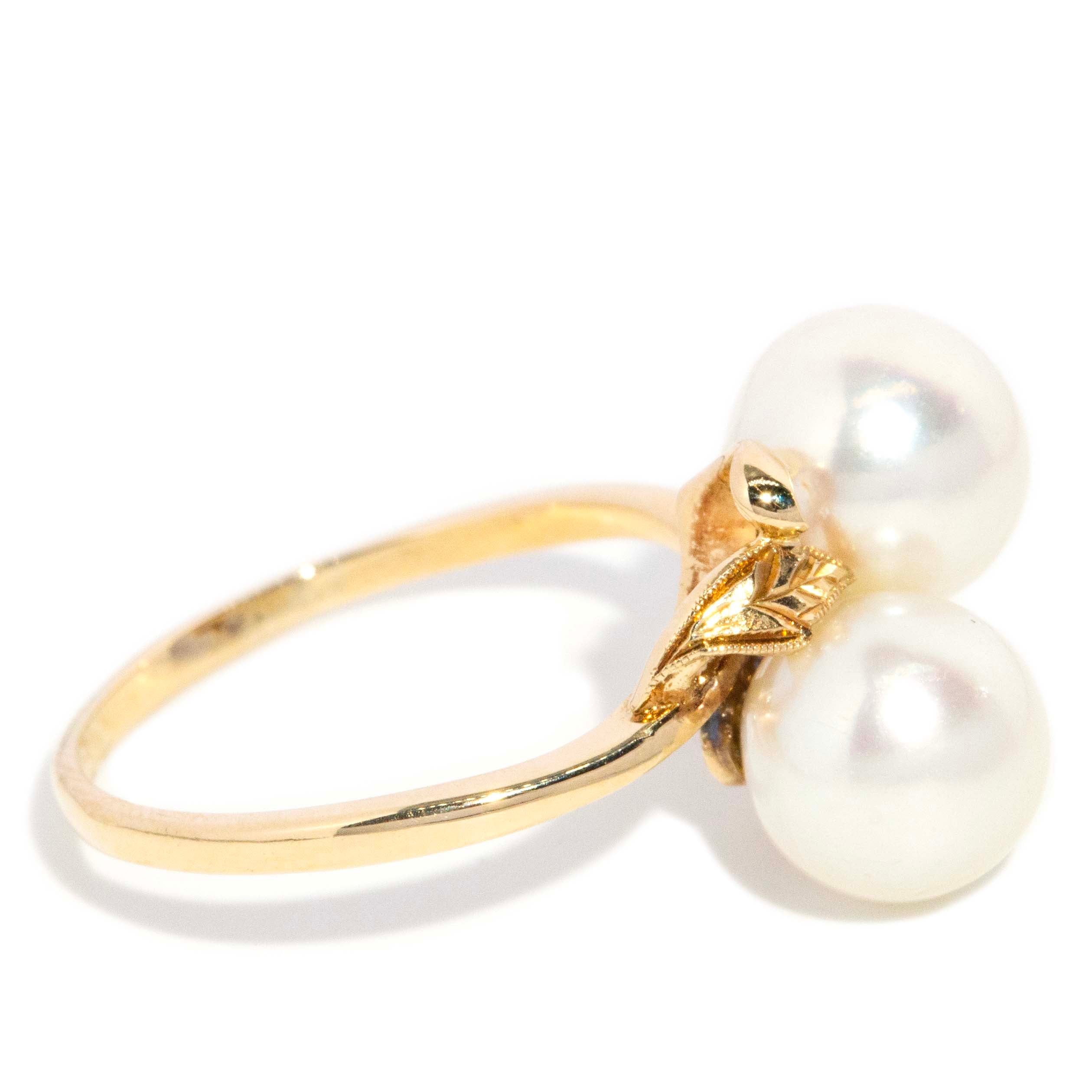 Lux Vintage Circa 1980 Akoya Pearl Toi Et Moi Leaf Bypass Ring 14ct Yellow Gold Rings Imperial Jewellery 