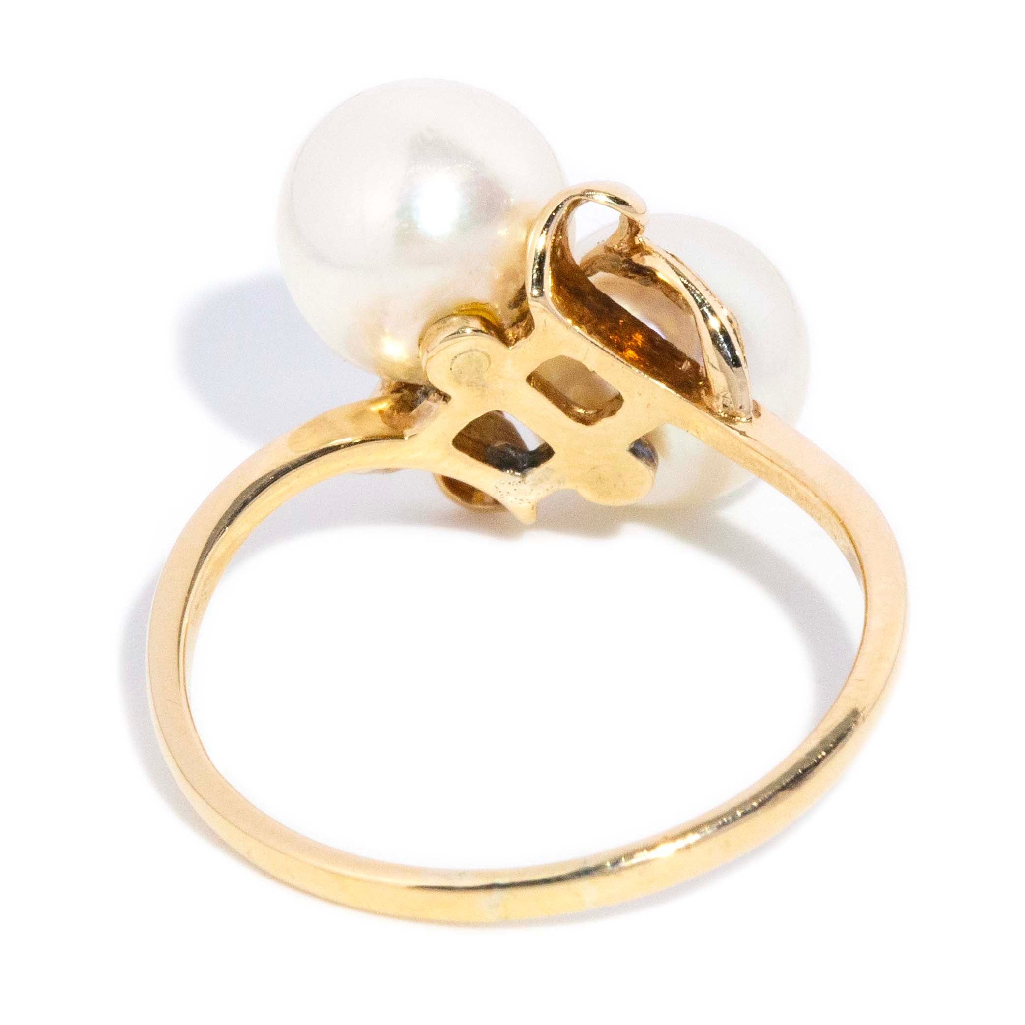 Lux Vintage Circa 1980 Akoya Pearl Toi Et Moi Leaf Bypass Ring 14ct Yellow Gold Rings Imperial Jewellery 
