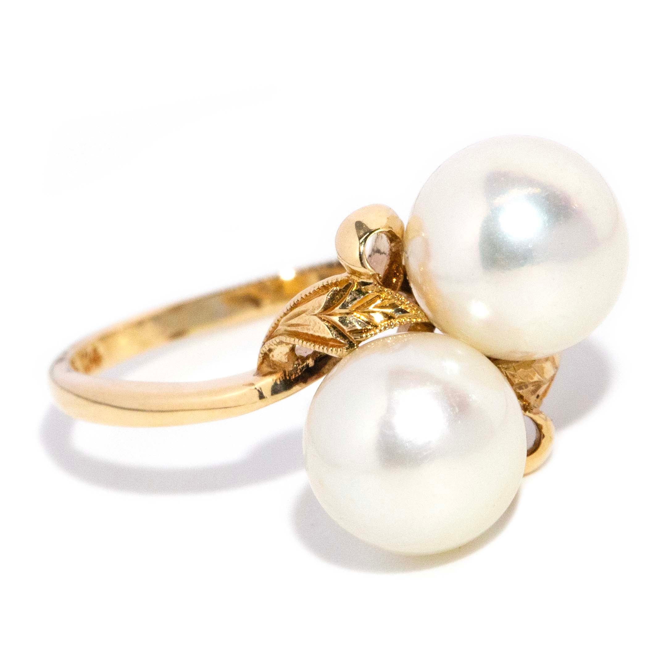 Lux Vintage Circa 1980 Akoya Pearl Toi Et Moi Leaf Bypass Ring 14ct Yellow Gold Rings Imperial Jewellery 