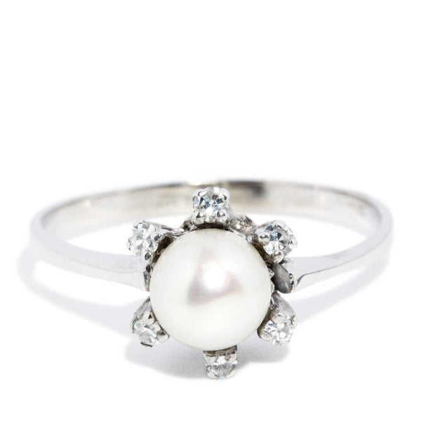 Contemporary Circa 1960s Diamond & Pearl Ring 14 Carat White Gold