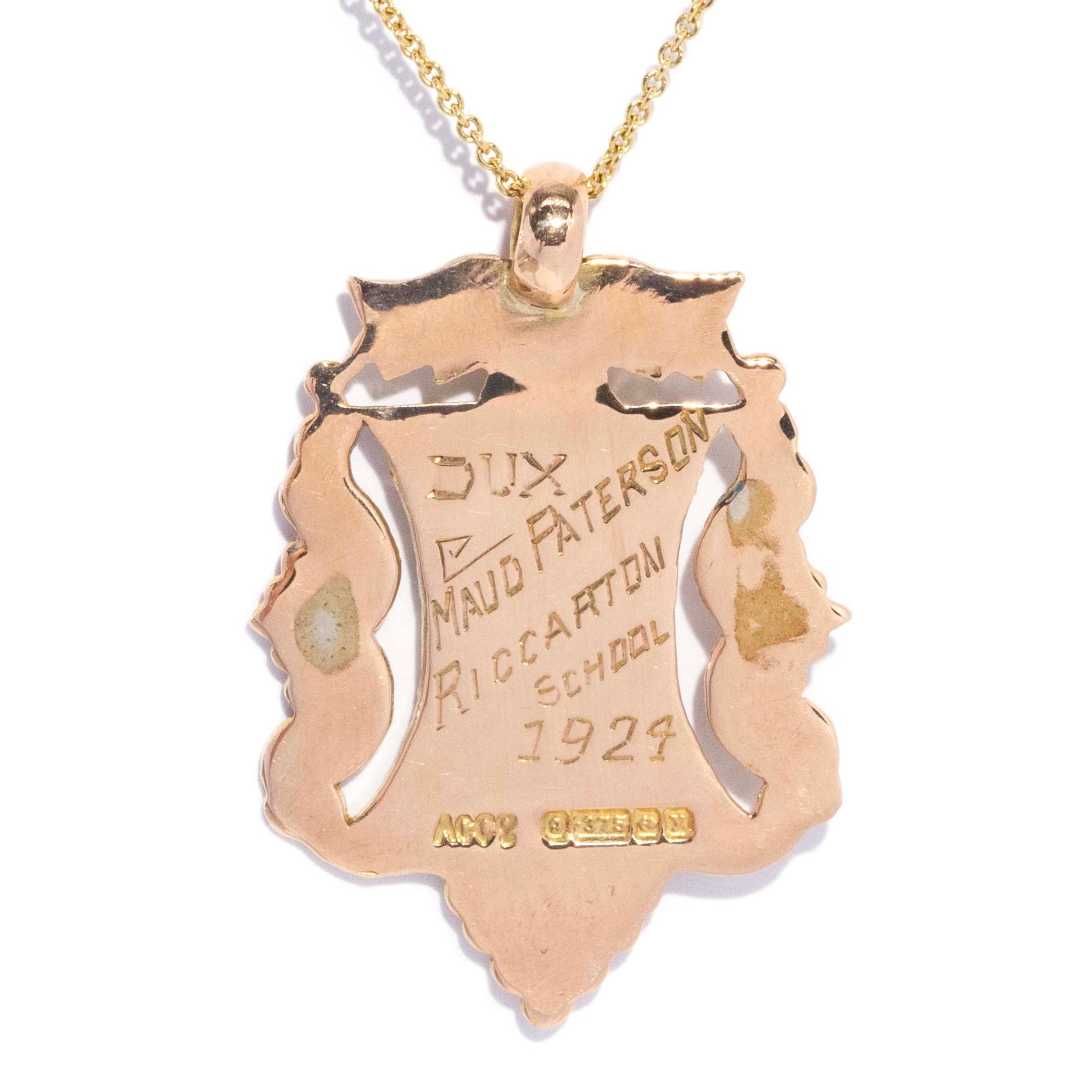 Maud 1924 Engraved & Hallmarked Medallion Shield Award Pendant 9ct Yellow Gold Pendants/Necklaces Imperial Jewellery 