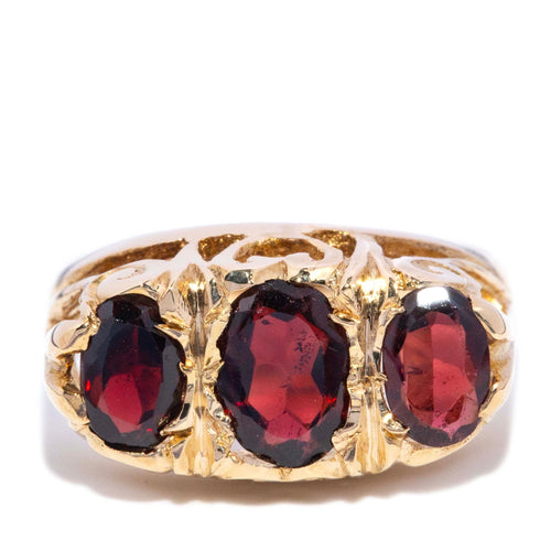 Mavis 1970s Oval Garnet London Bridge Ring 9K Yellow Gold