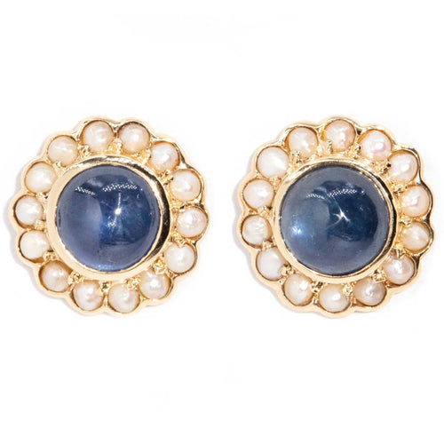 Mildred Sapphire & Seed Pearl Stud Earrings 9K Yellow Gold