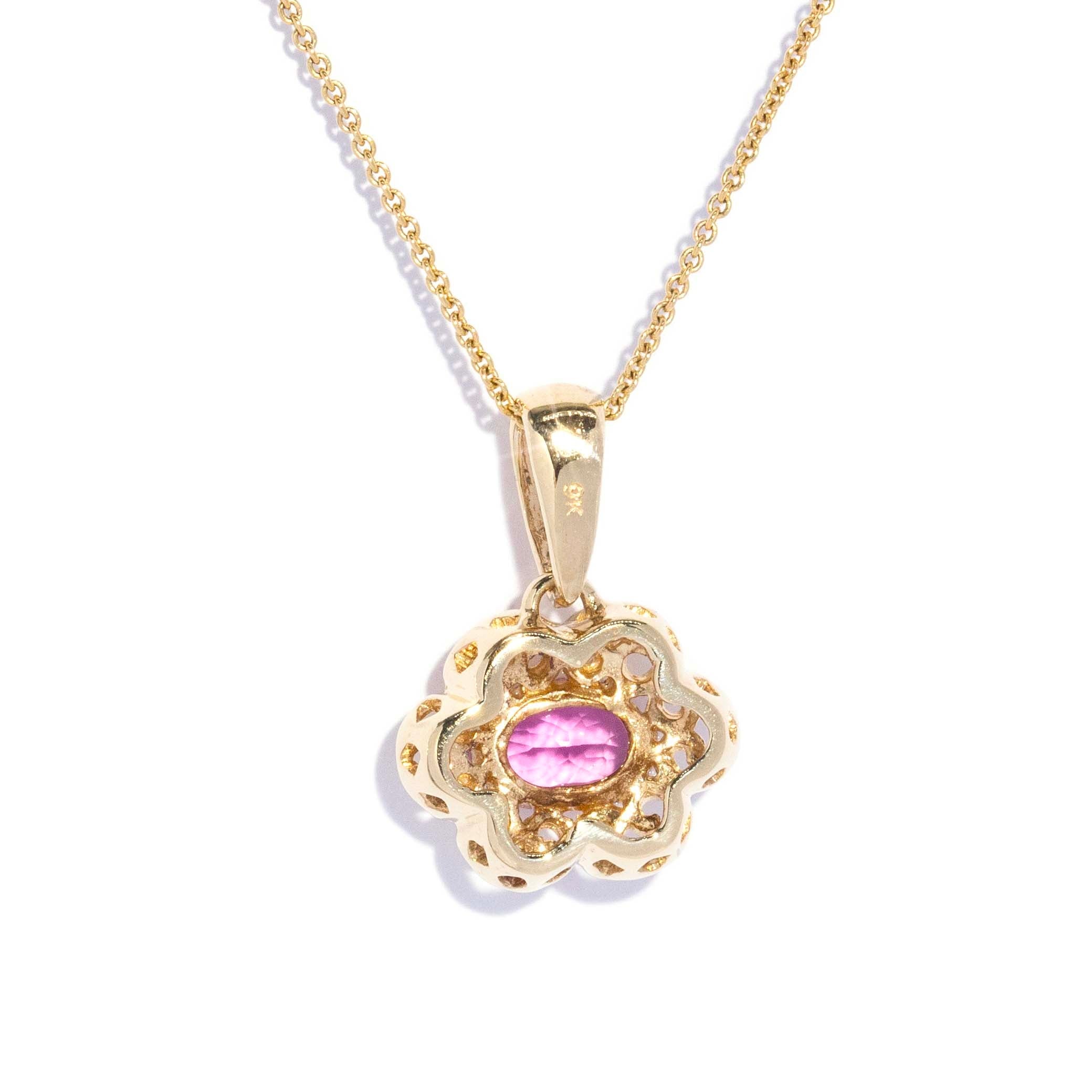 Mina Contemporary Pink Tourmaline Openwork Floral Pendant 9ct Yellow Gold Pendants/Necklaces Imperial Jewellery 