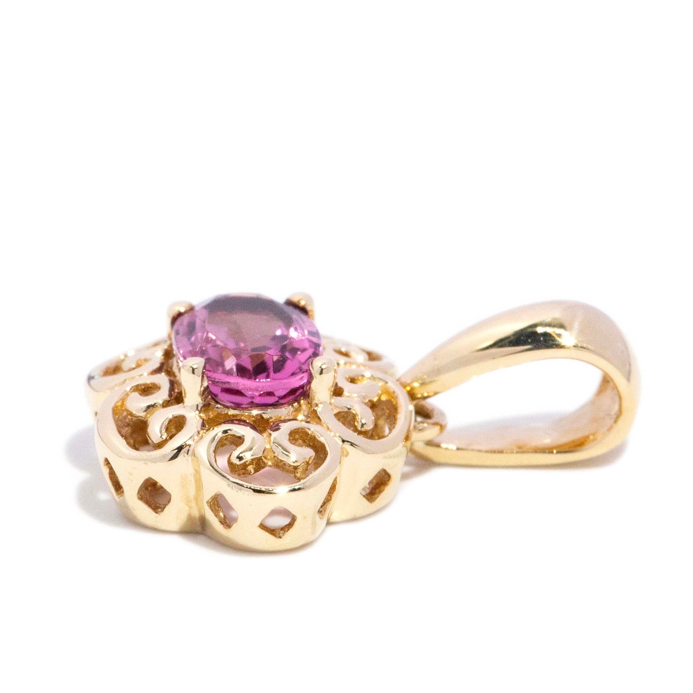Mina Contemporary Pink Tourmaline Openwork Floral Pendant 9ct Yellow Gold Pendants/Necklaces Imperial Jewellery 