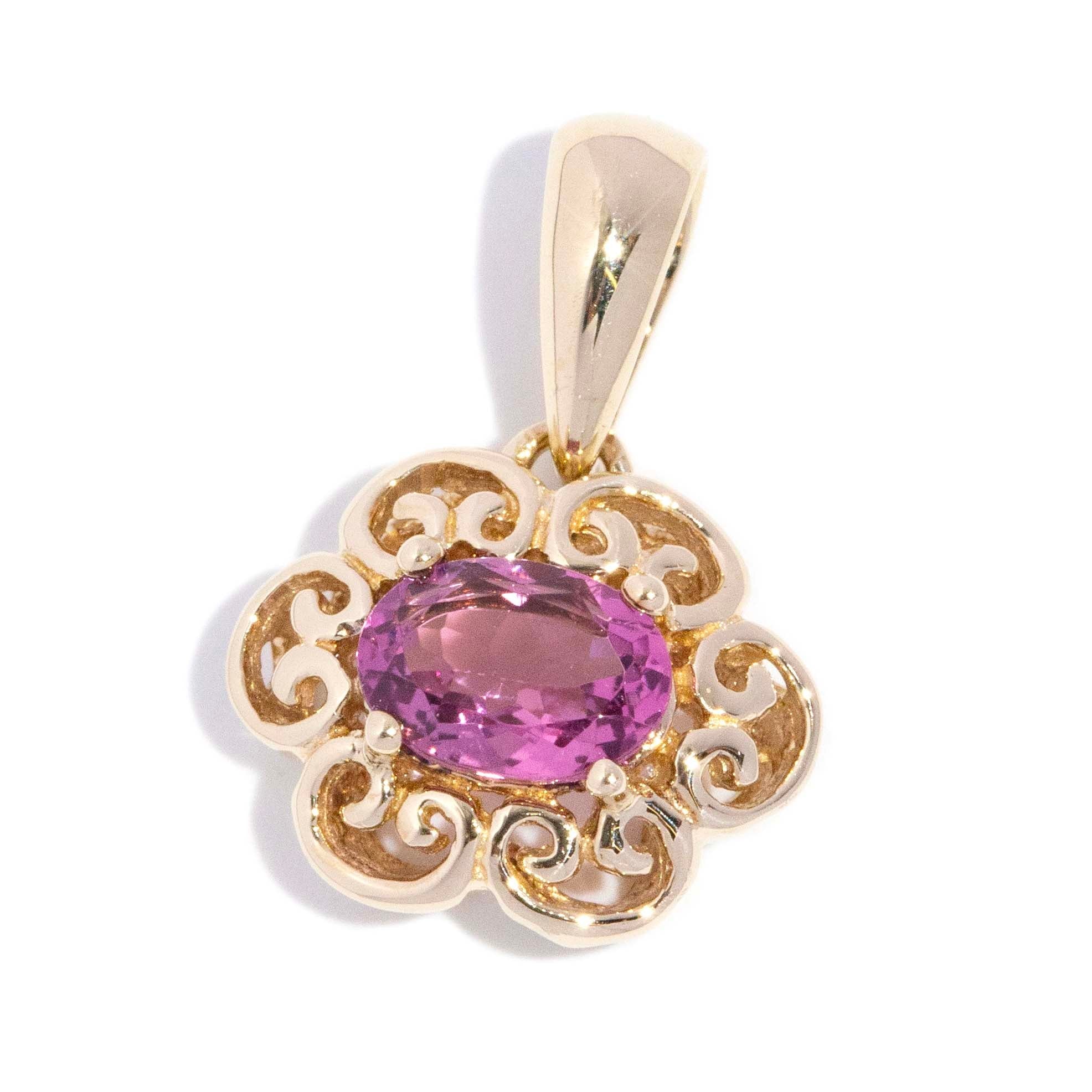 Mina Contemporary Pink Tourmaline Openwork Floral Pendant 9ct Yellow Gold Pendants/Necklaces Imperial Jewellery 