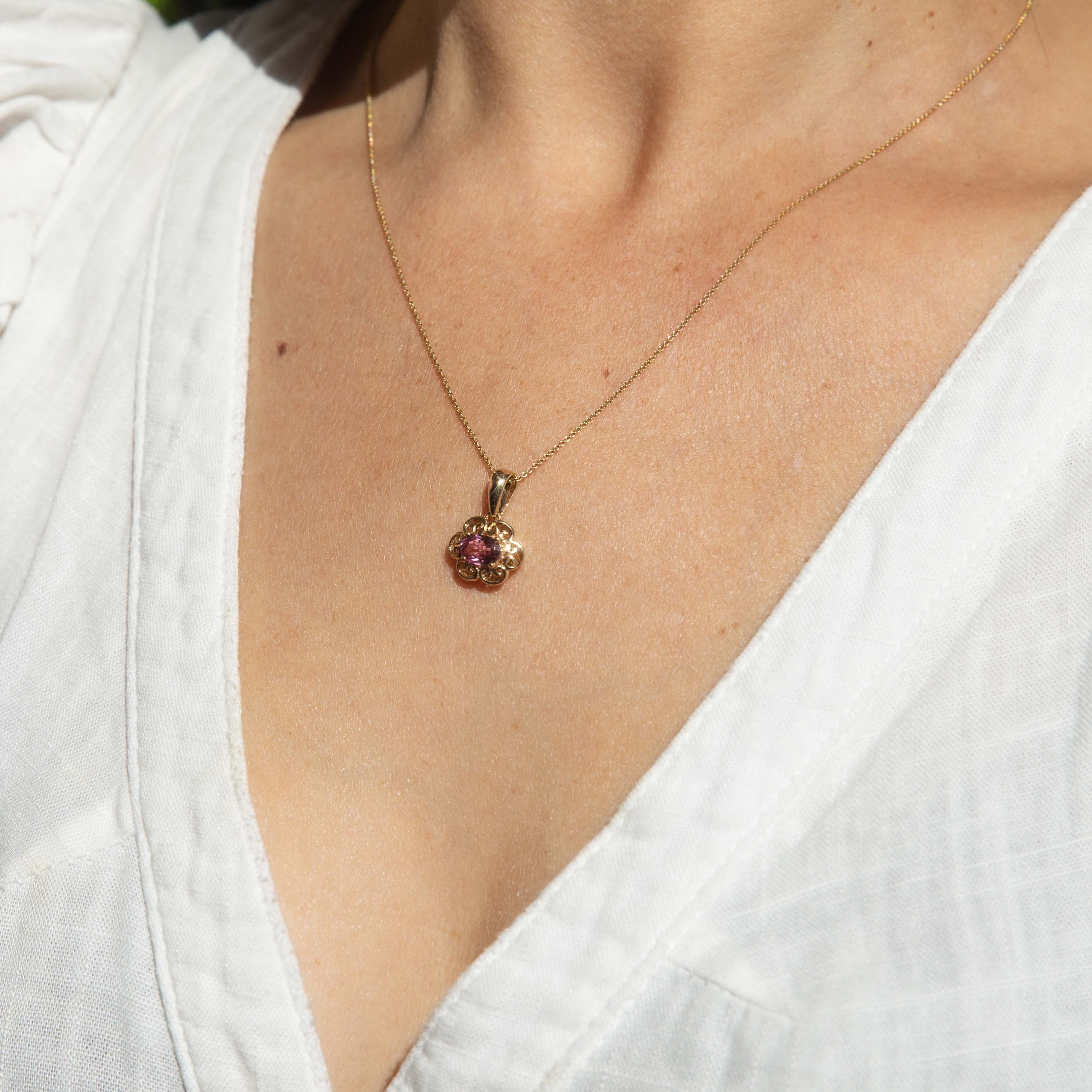 Mina Contemporary Pink Tourmaline Openwork Floral Pendant 9ct Yellow Gold Pendants/Necklaces Imperial Jewellery 