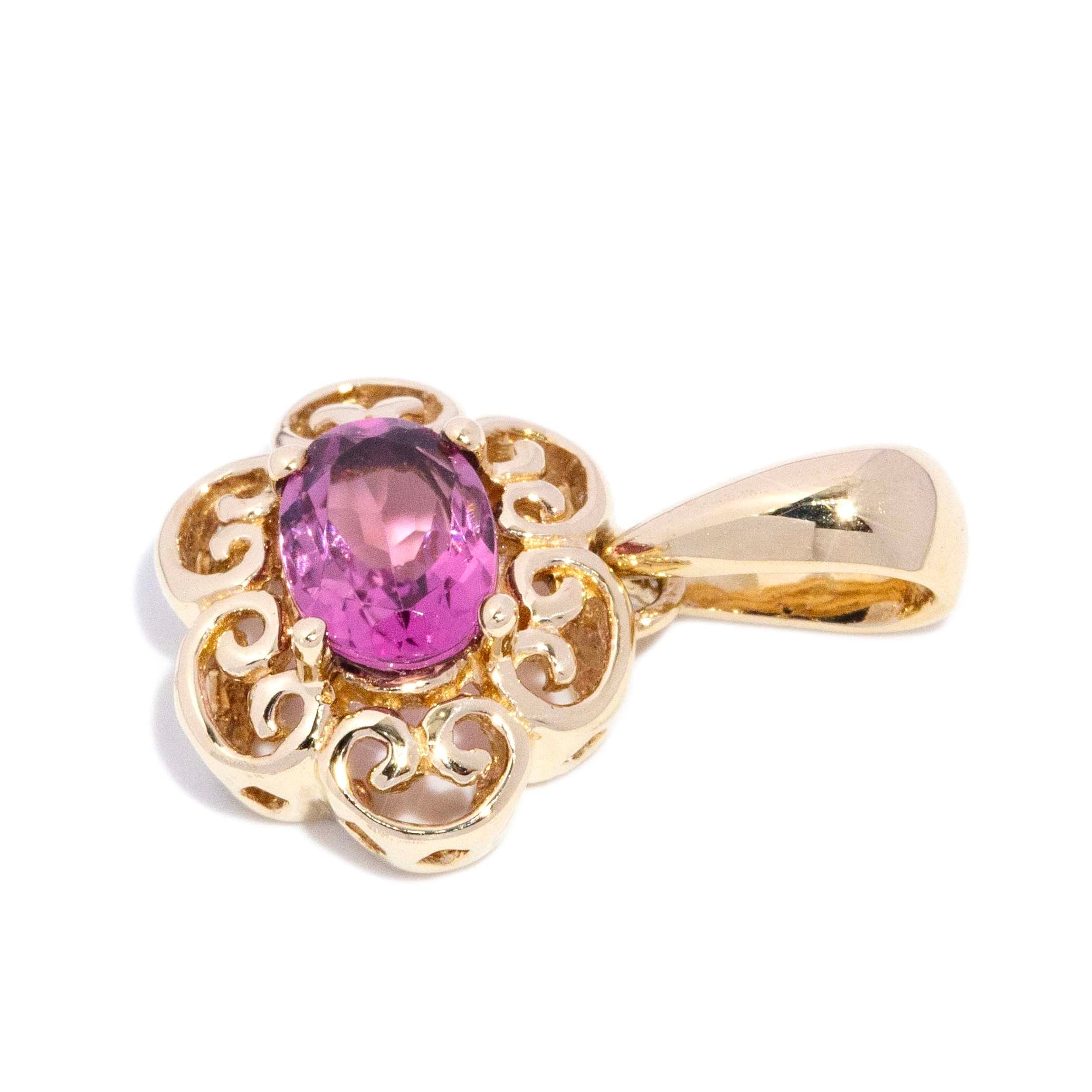 Mina Contemporary Pink Tourmaline Openwork Floral Pendant 9ct Yellow Gold Pendants/Necklaces Imperial Jewellery 