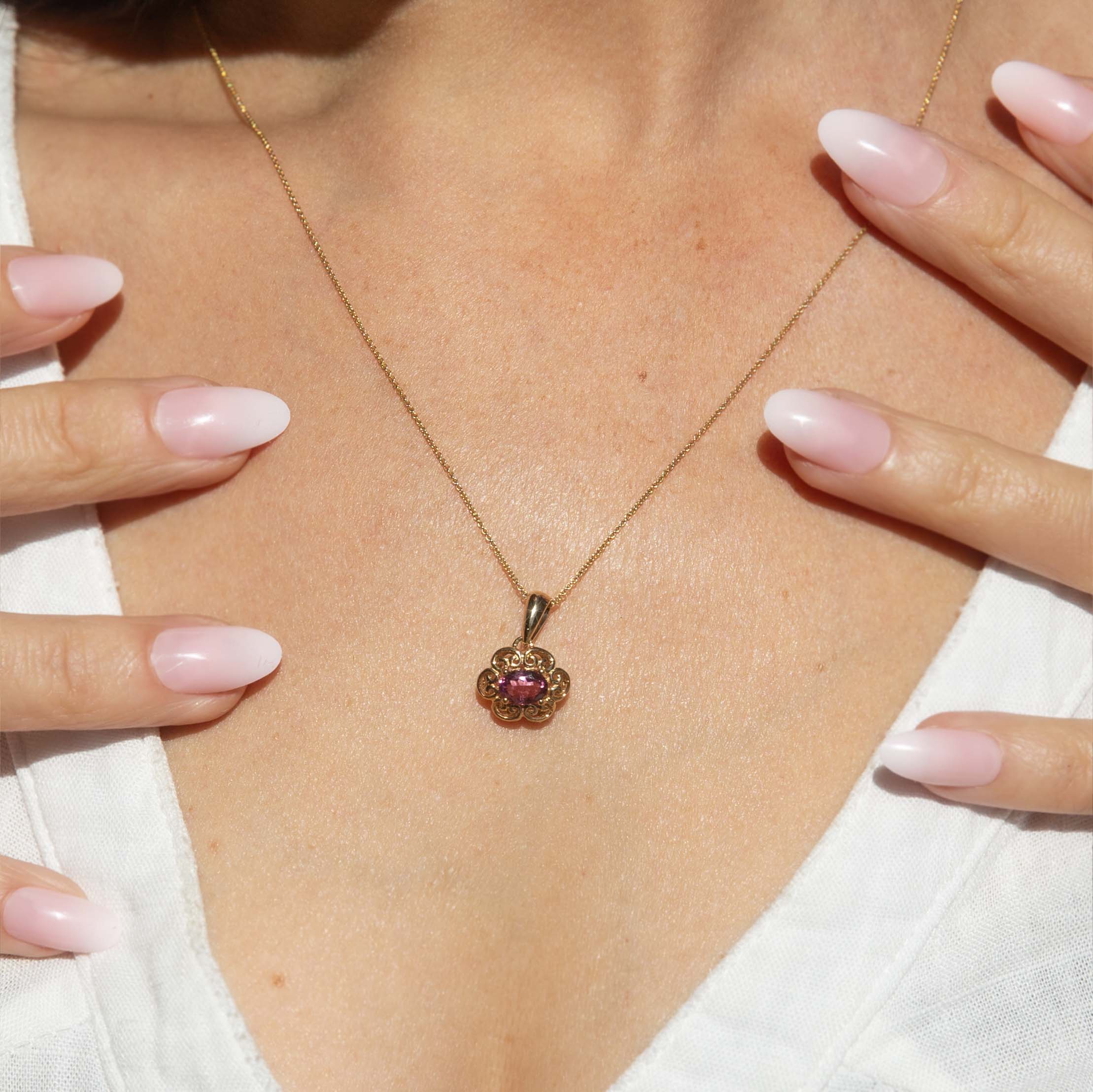 Mina Contemporary Pink Tourmaline Openwork Floral Pendant 9ct Yellow Gold Pendants/Necklaces Imperial Jewellery 