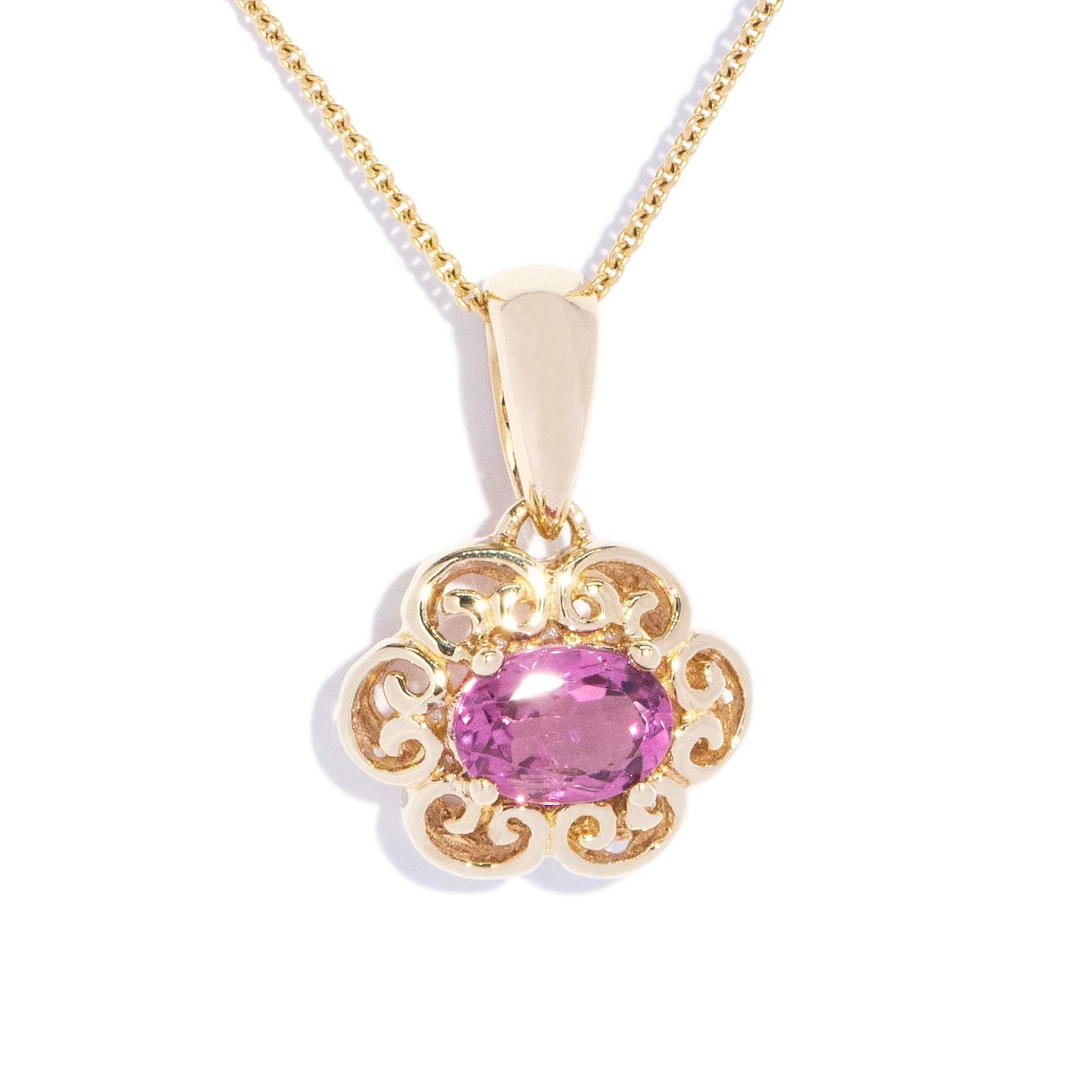 Mina Contemporary Pink Tourmaline Openwork Floral Pendant 9ct Yellow Gold Pendants/Necklaces Imperial Jewellery 