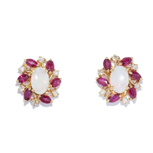 Morwenna 1980s Opal Ruby & Diamond Studs 18K Yellow Gold