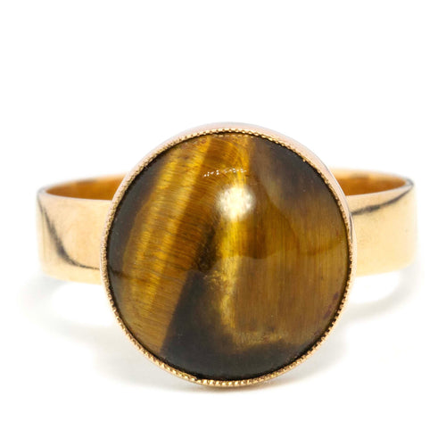 Naala 1960s Rubover Tigers Eye Cabochon Ring 18K Yellow Gold