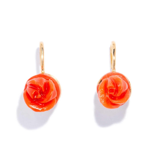 Nera 1960s Carved Red Coral Flower Earrings 18K Yellow Gold