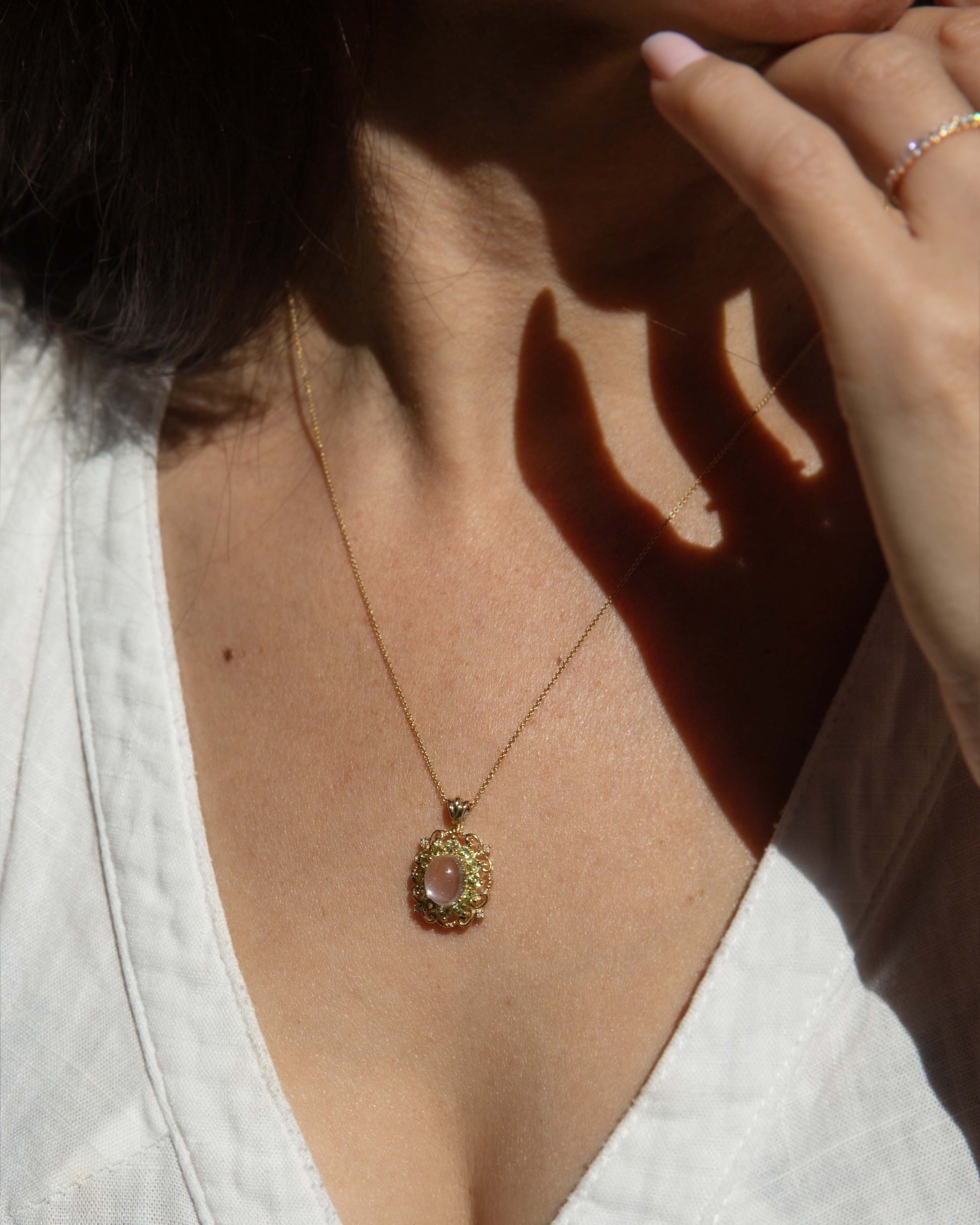 Petunia Vintage Circa 1980s Moonstone Peridot & Diamond Pendant 9ct Yellow Gold Pendants/Necklaces Imperial Jewellery 