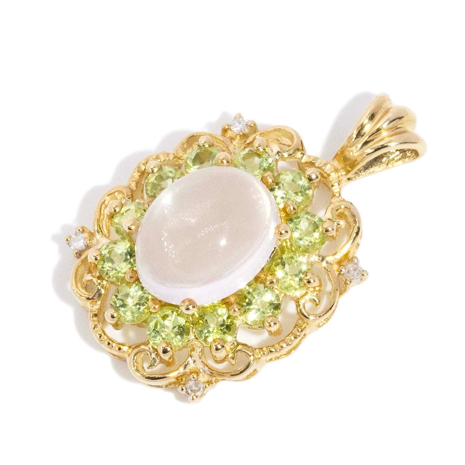 Petunia Vintage Circa 1980s Moonstone Peridot & Diamond Pendant 9ct Yellow Gold Pendants/Necklaces Imperial Jewellery 