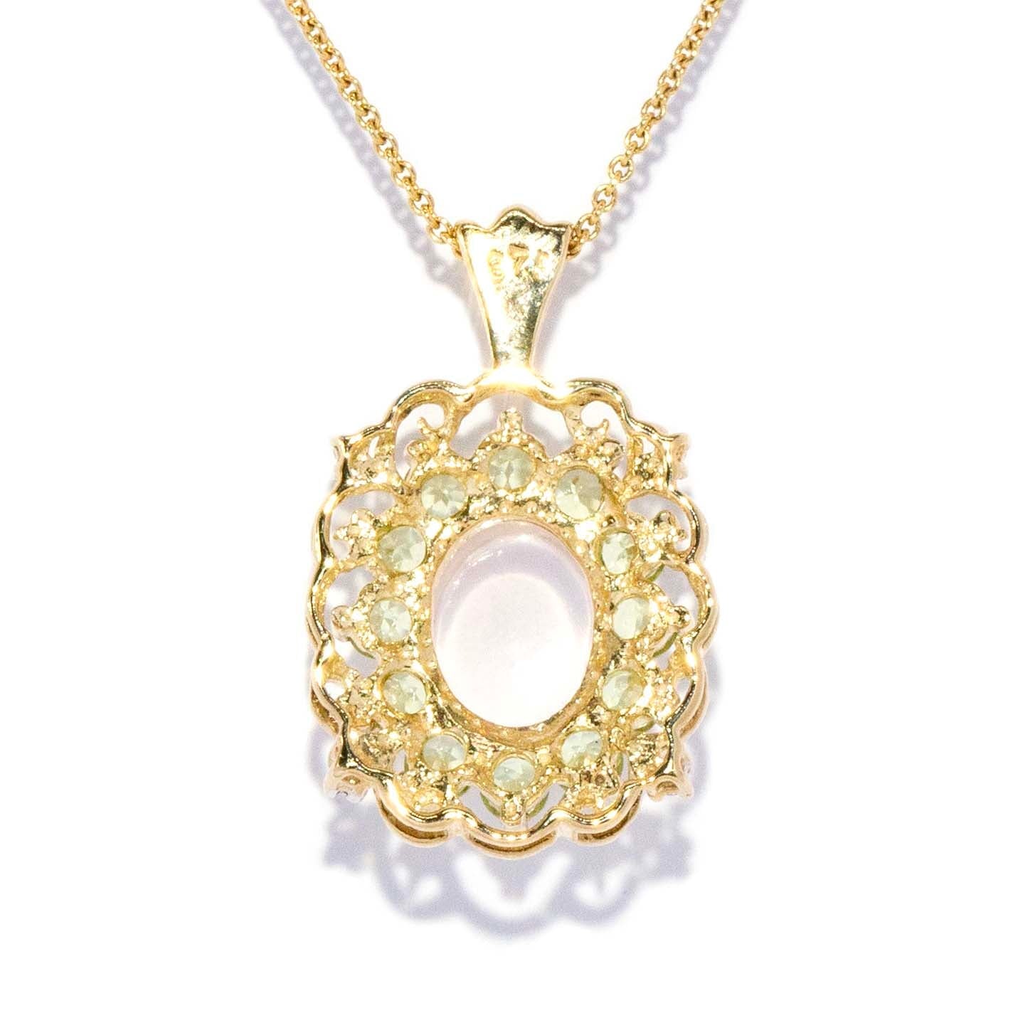 Petunia Vintage Circa 1980s Moonstone Peridot & Diamond Pendant 9ct Yellow Gold Pendants/Necklaces Imperial Jewellery 