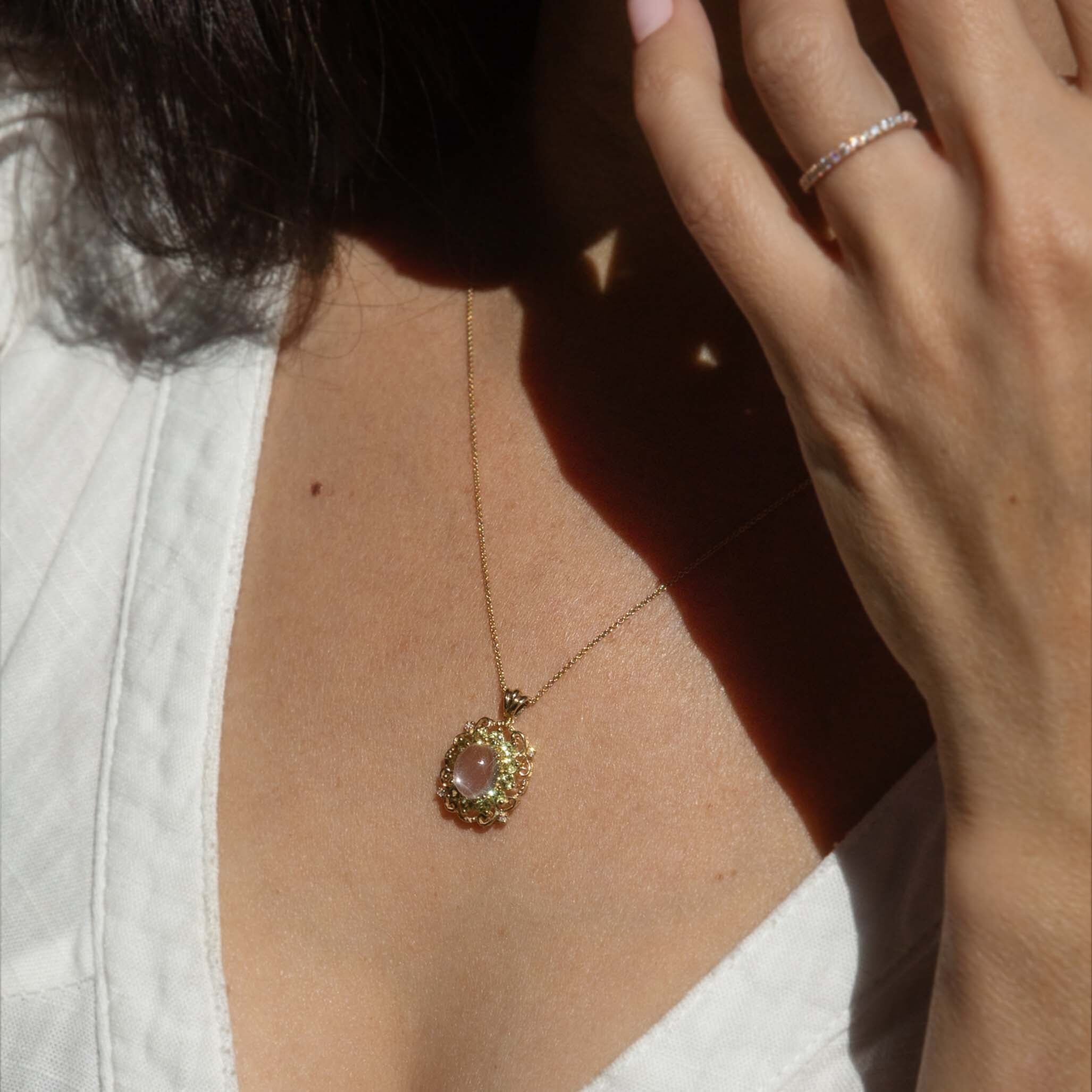 Petunia Vintage Circa 1980s Moonstone Peridot & Diamond Pendant 9ct Yellow Gold Pendants/Necklaces Imperial Jewellery 