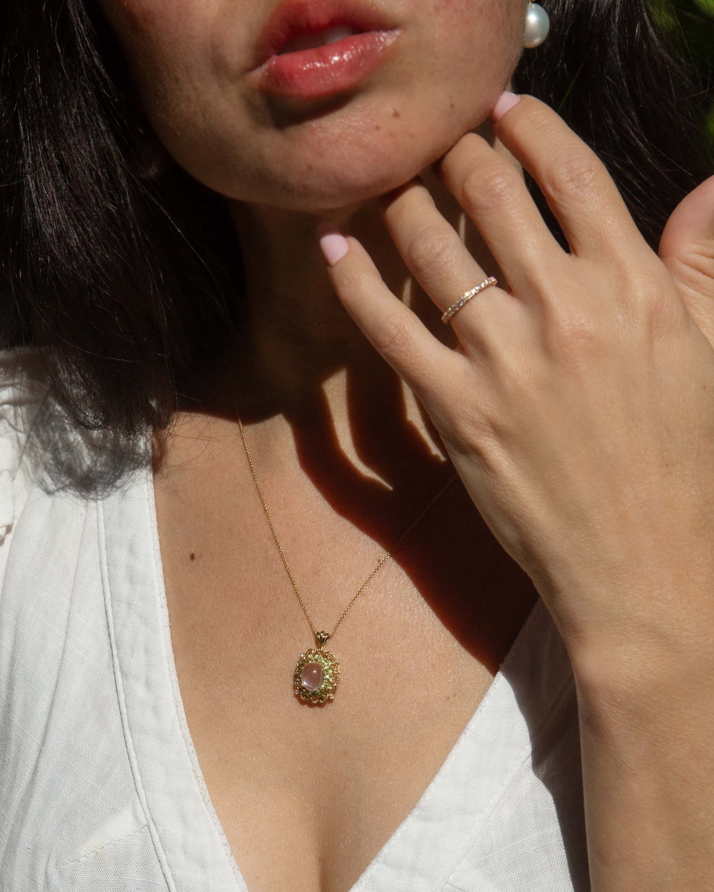Petunia Vintage Circa 1980s Moonstone Peridot & Diamond Pendant 9ct Yellow Gold Pendants/Necklaces Imperial Jewellery 