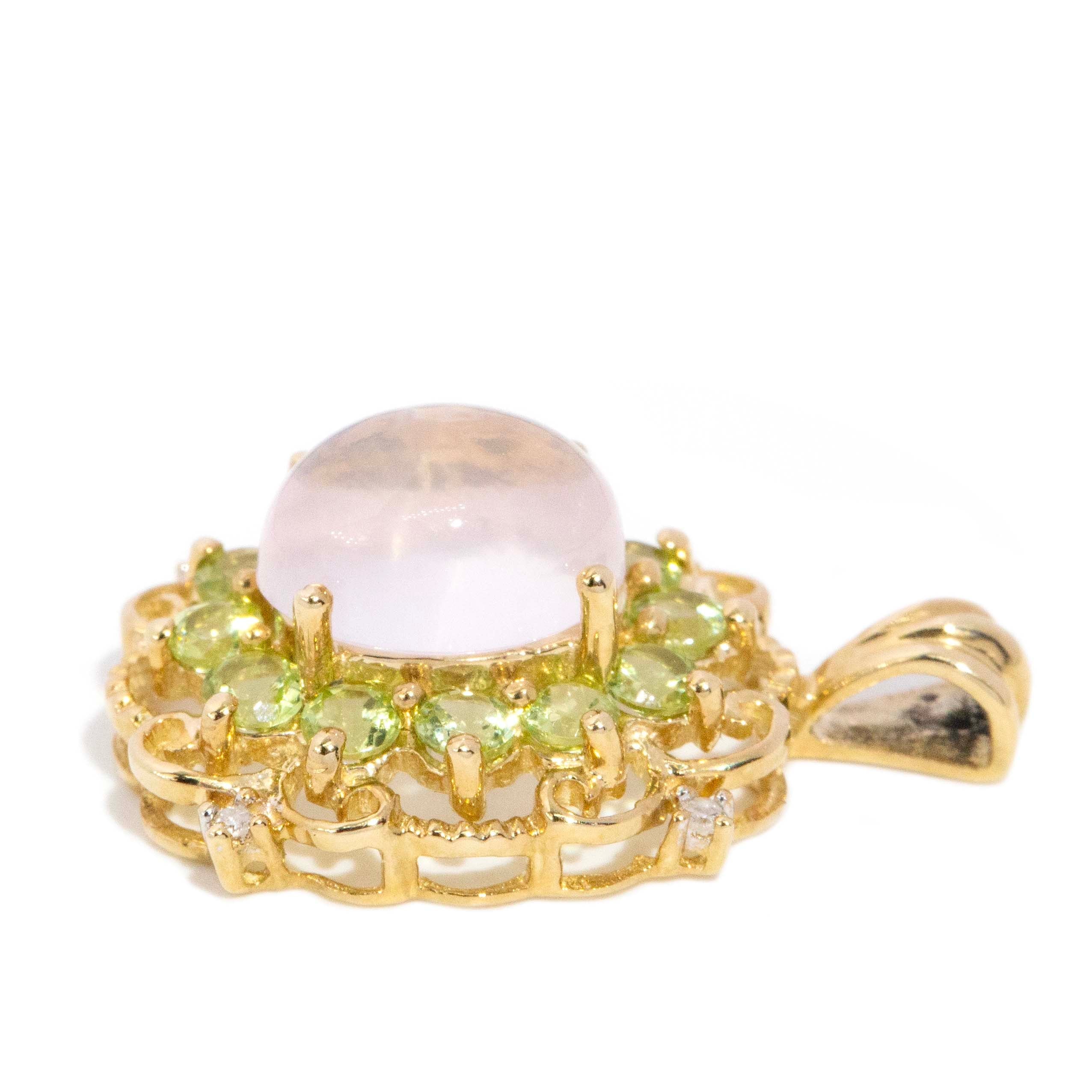 Petunia Vintage Circa 1980s Moonstone Peridot & Diamond Pendant 9ct Yellow Gold Pendants/Necklaces Imperial Jewellery 
