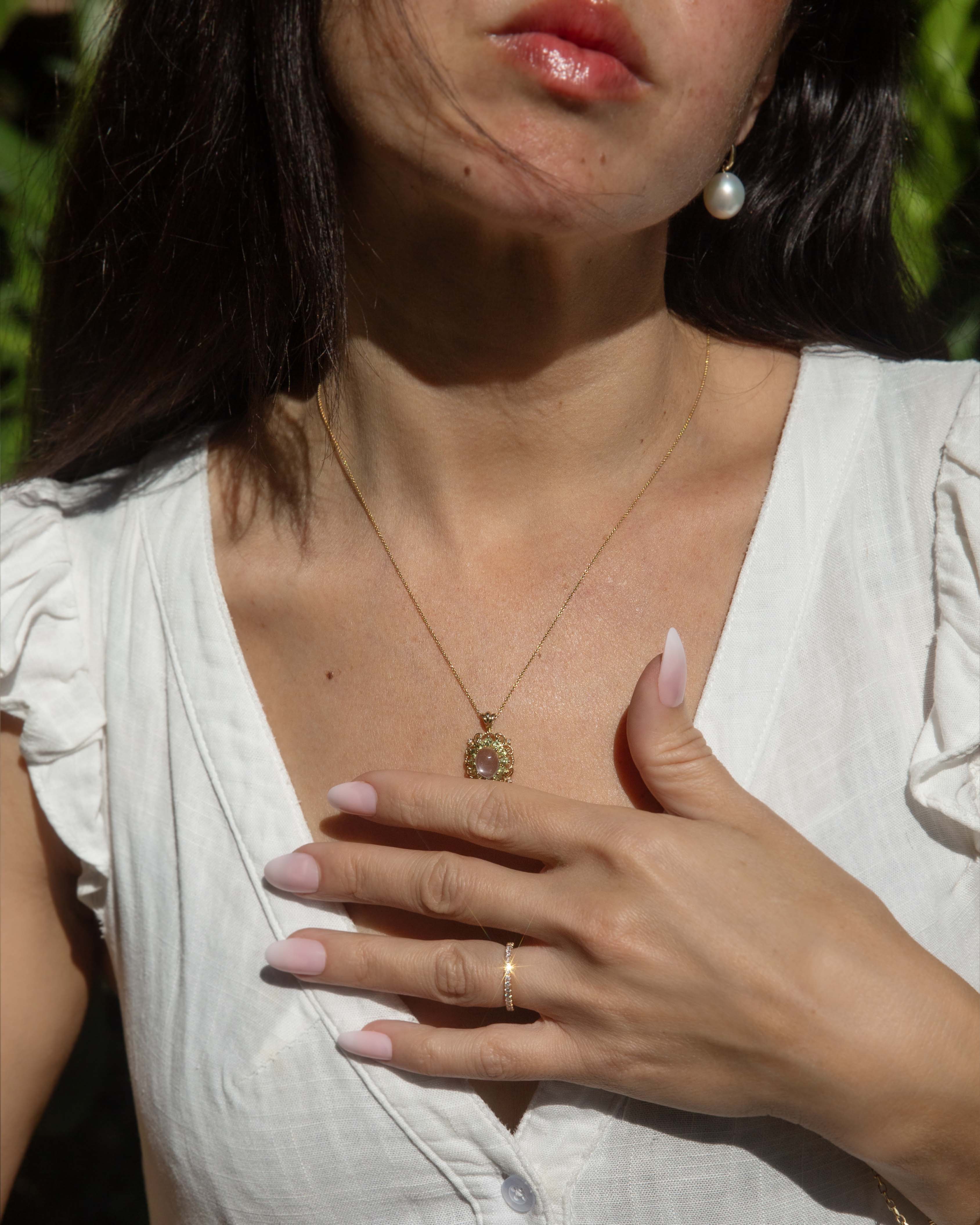 Petunia Vintage Circa 1980s Moonstone Peridot & Diamond Pendant 9ct Yellow Gold Pendants/Necklaces Imperial Jewellery 