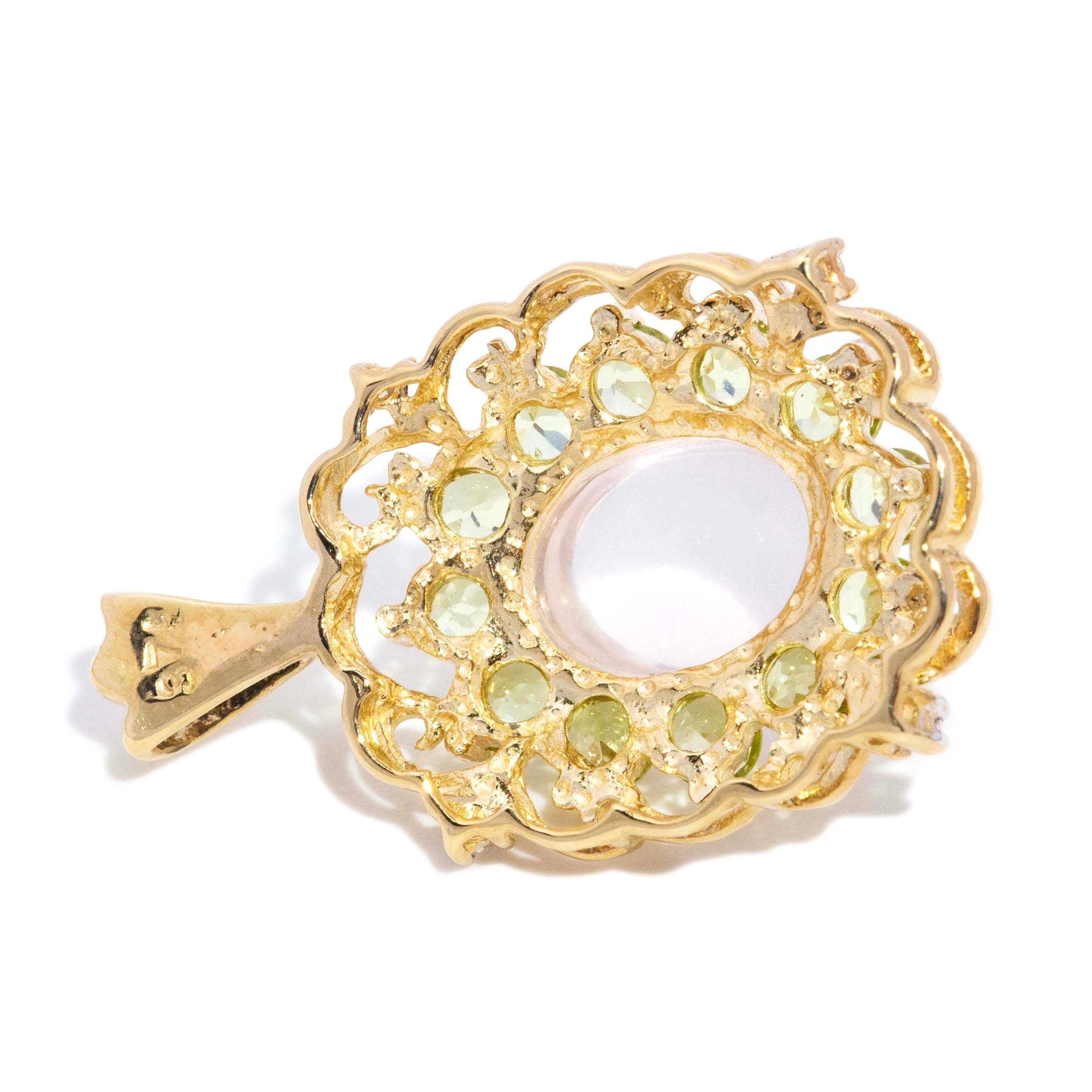 Petunia Vintage Circa 1980s Moonstone Peridot & Diamond Pendant 9ct Yellow Gold Pendants/Necklaces Imperial Jewellery 